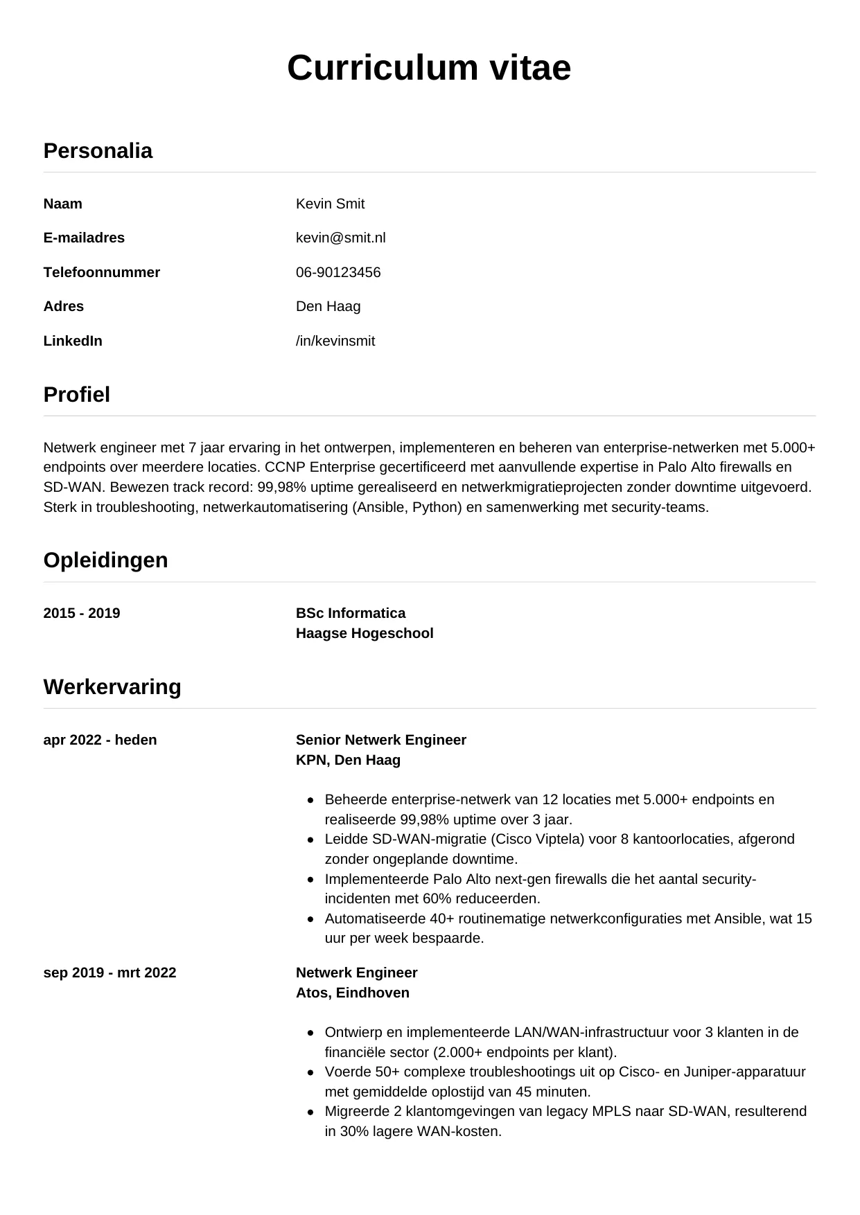 CV Simpel voor netwerk engineer