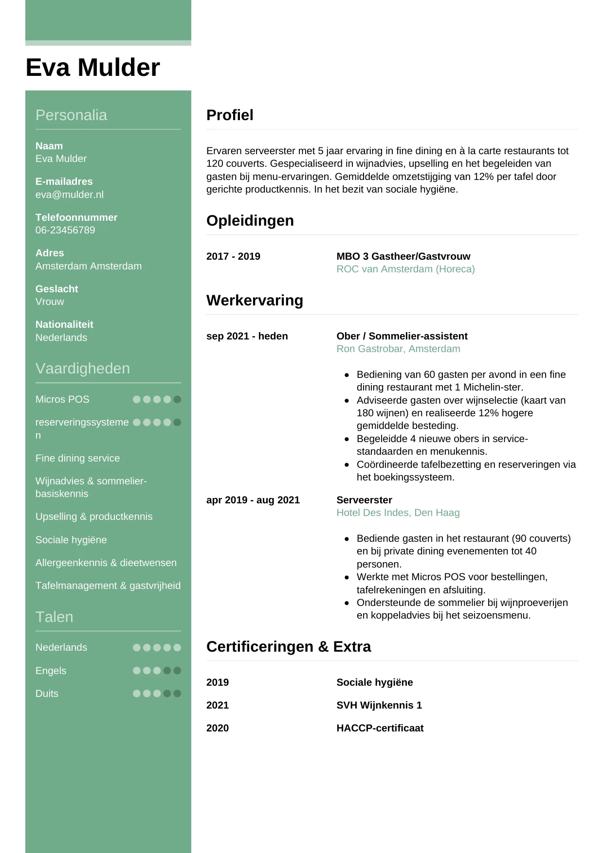 CV Casual voor ober / serveerster