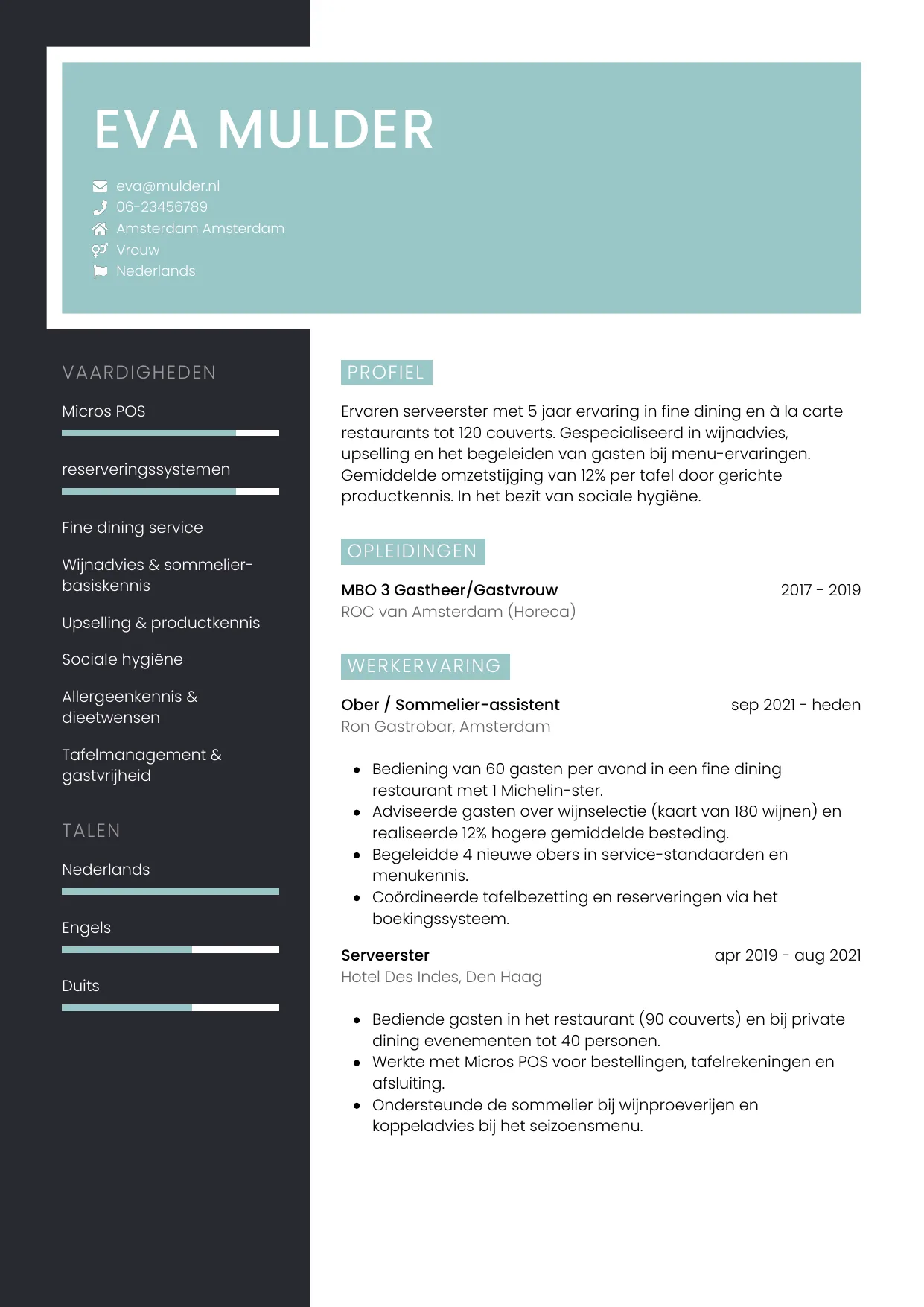 CV Elegant voor ober / serveerster