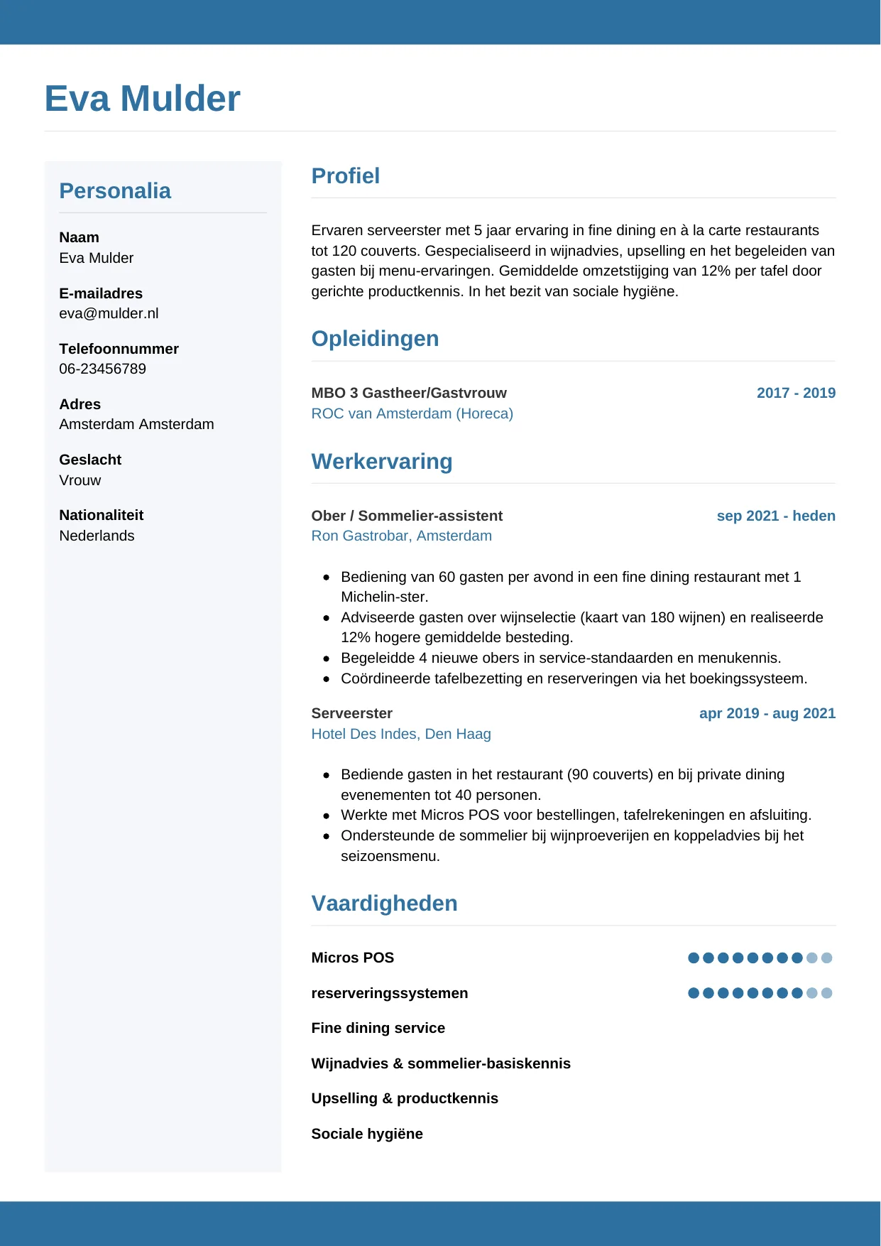 CV Horizontaal voor ober / serveerster