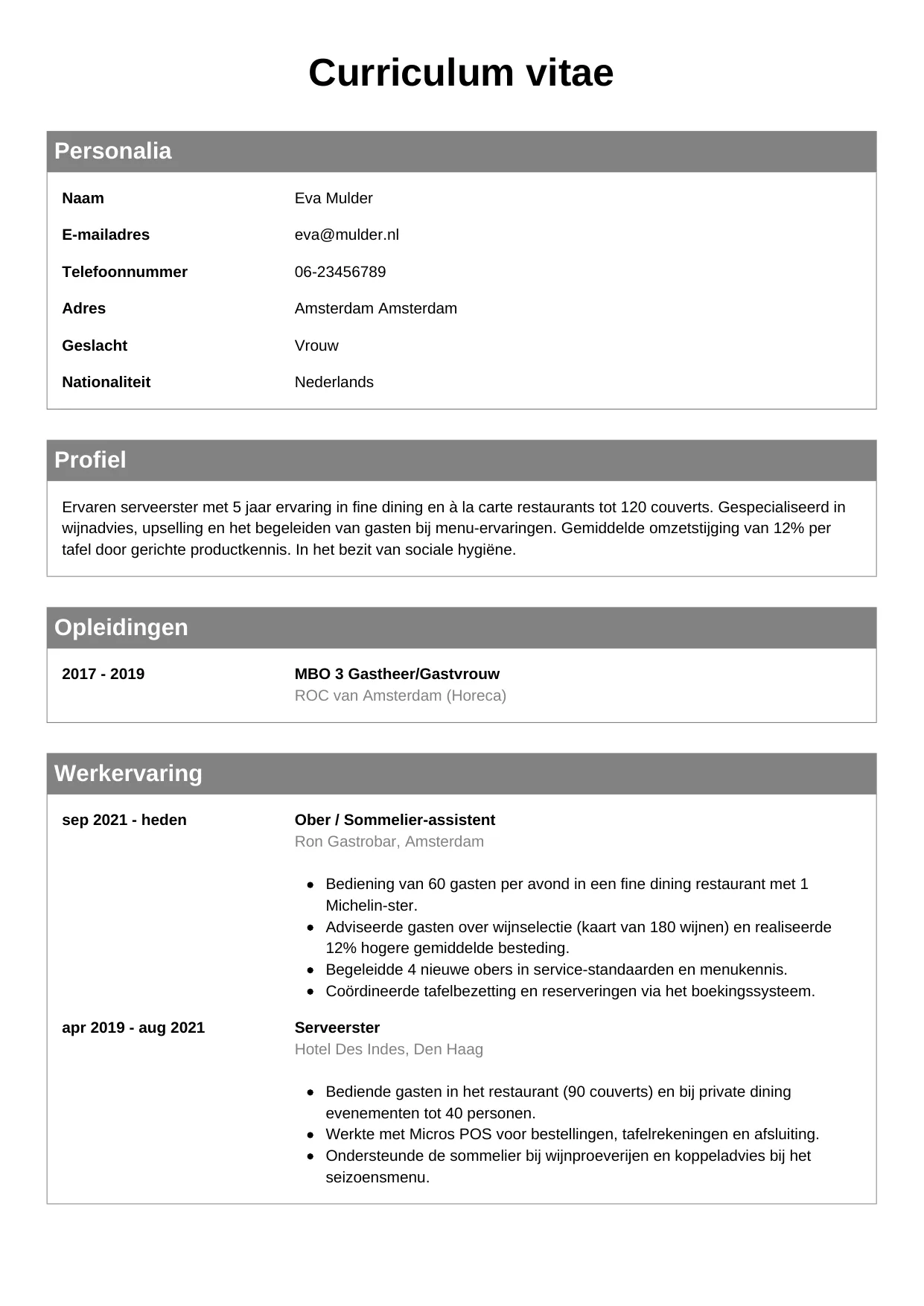 CV Klassiek voor ober / serveerster