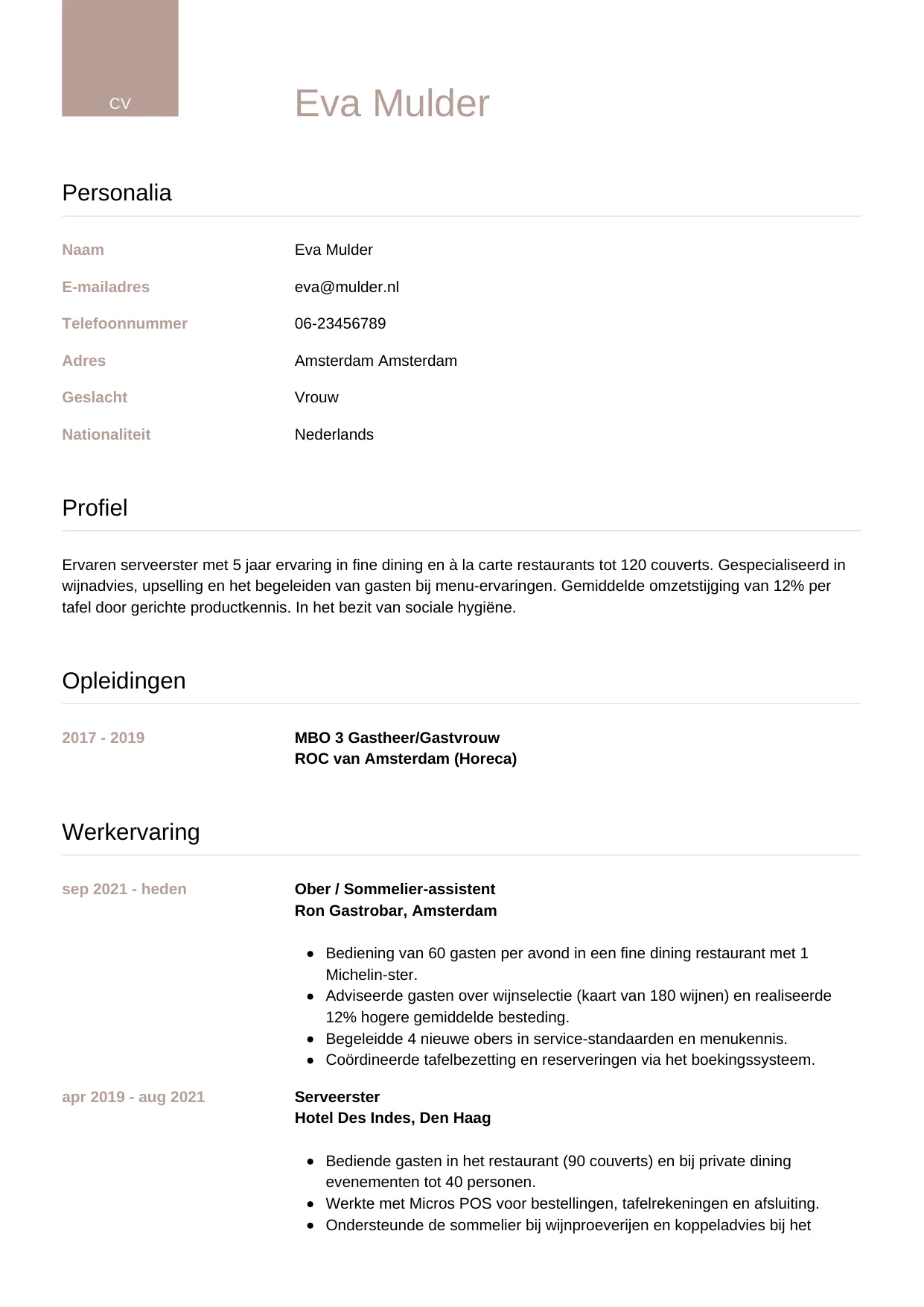 CV Luxe voor ober / serveerster
