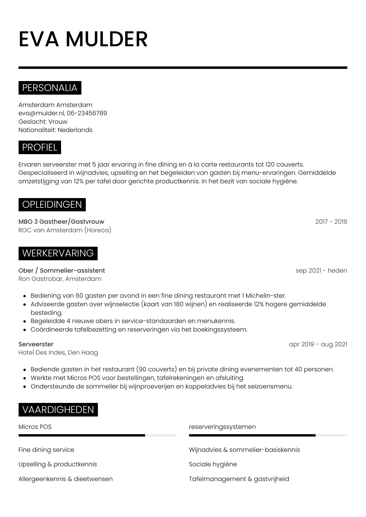 CV Metro voor ober / serveerster
