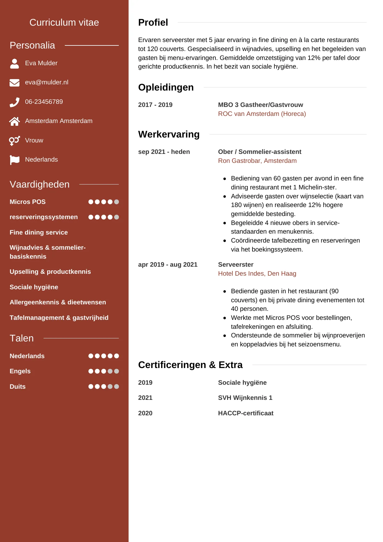 CV Modern voor ober / serveerster
