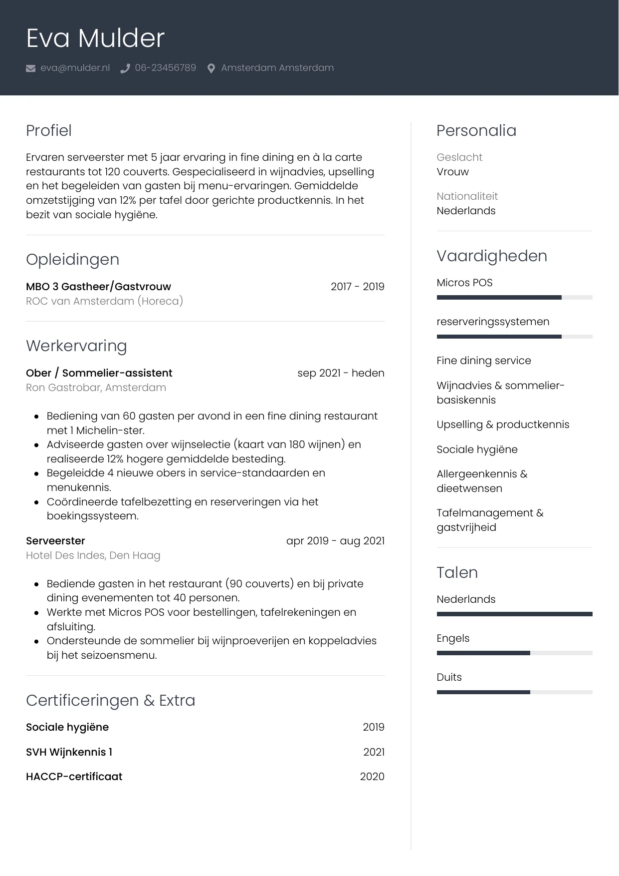CV Professioneel voor ober / serveerster