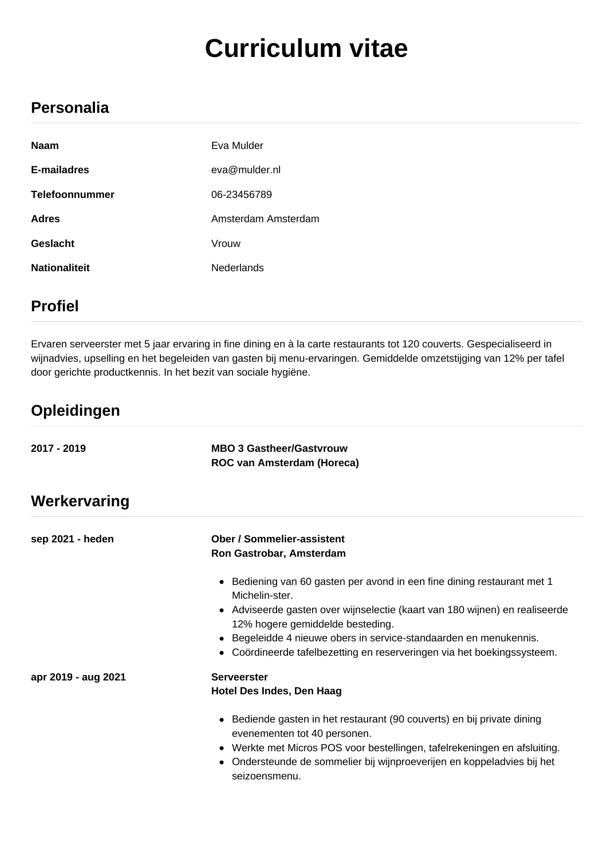 CV Simpel voor ober / serveerster