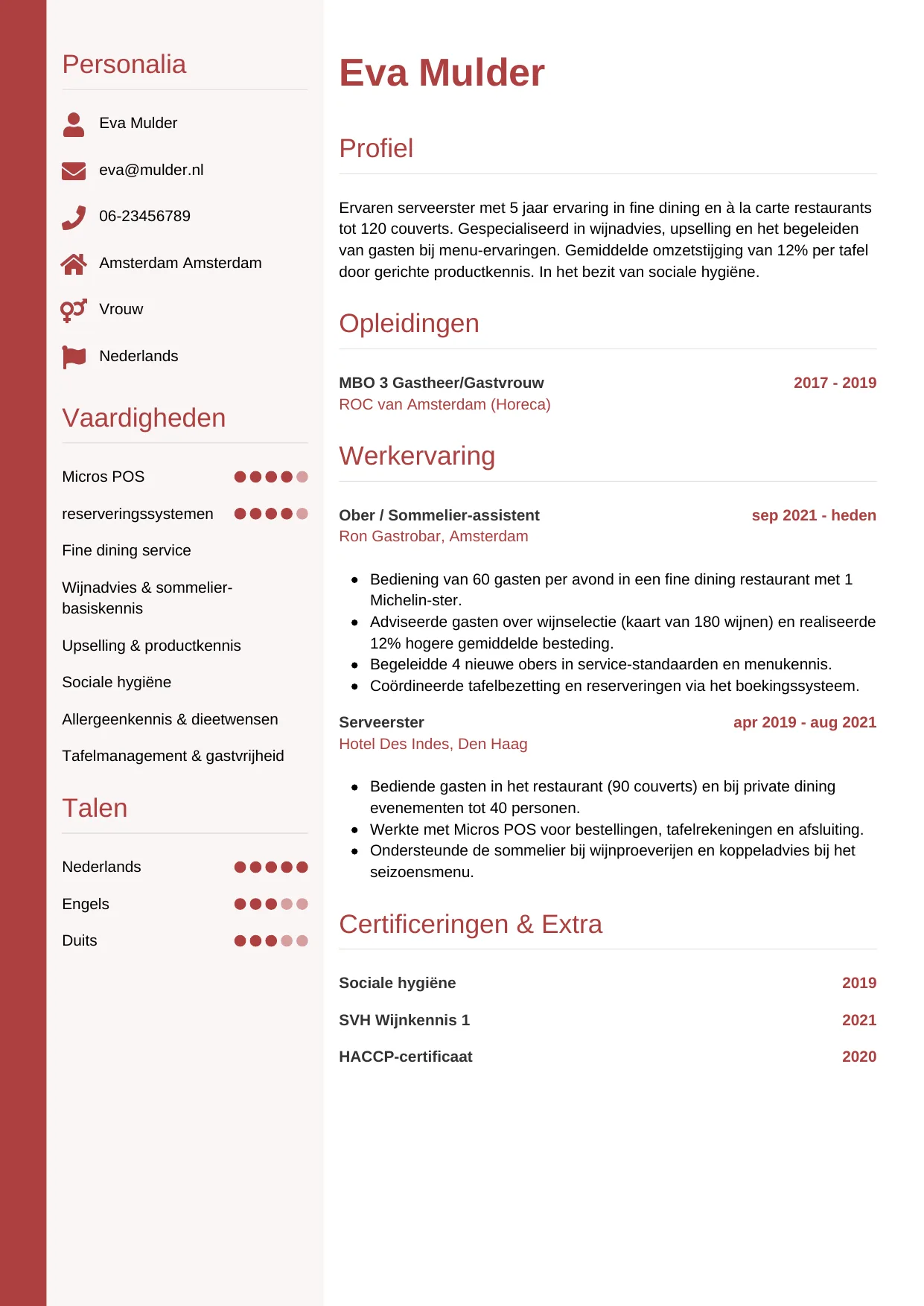 CV Verticaal voor ober / serveerster