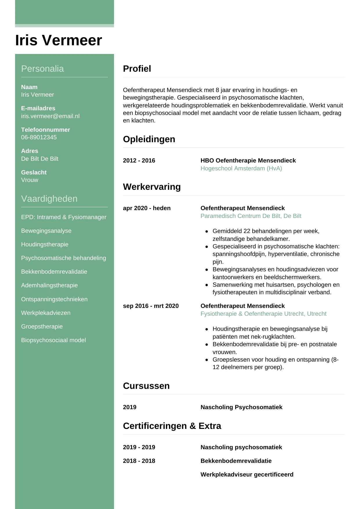 Voorbeeld CV voor oefentherapeut in template Casual. CV Casual voor oefentherapeut