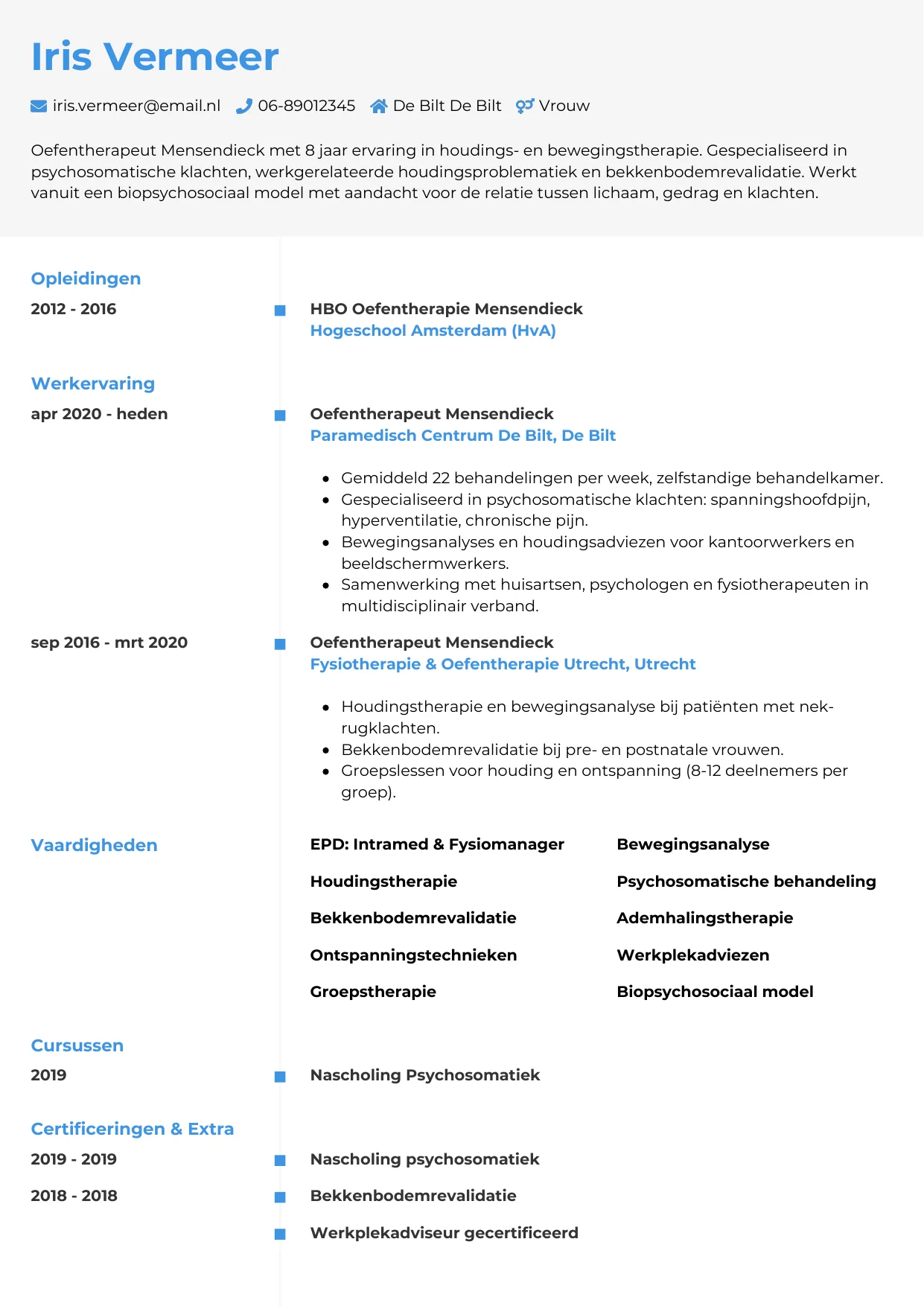 Voorbeeld CV voor oefentherapeut in template Chrono. CV Chrono voor oefentherapeut