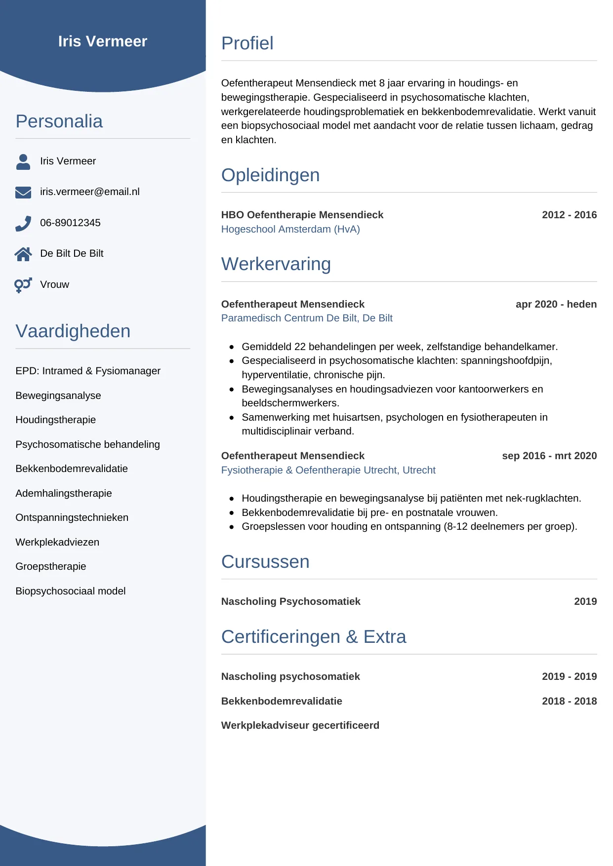 Voorbeeld CV voor oefentherapeut in template Circulair. CV Circulair voor oefentherapeut