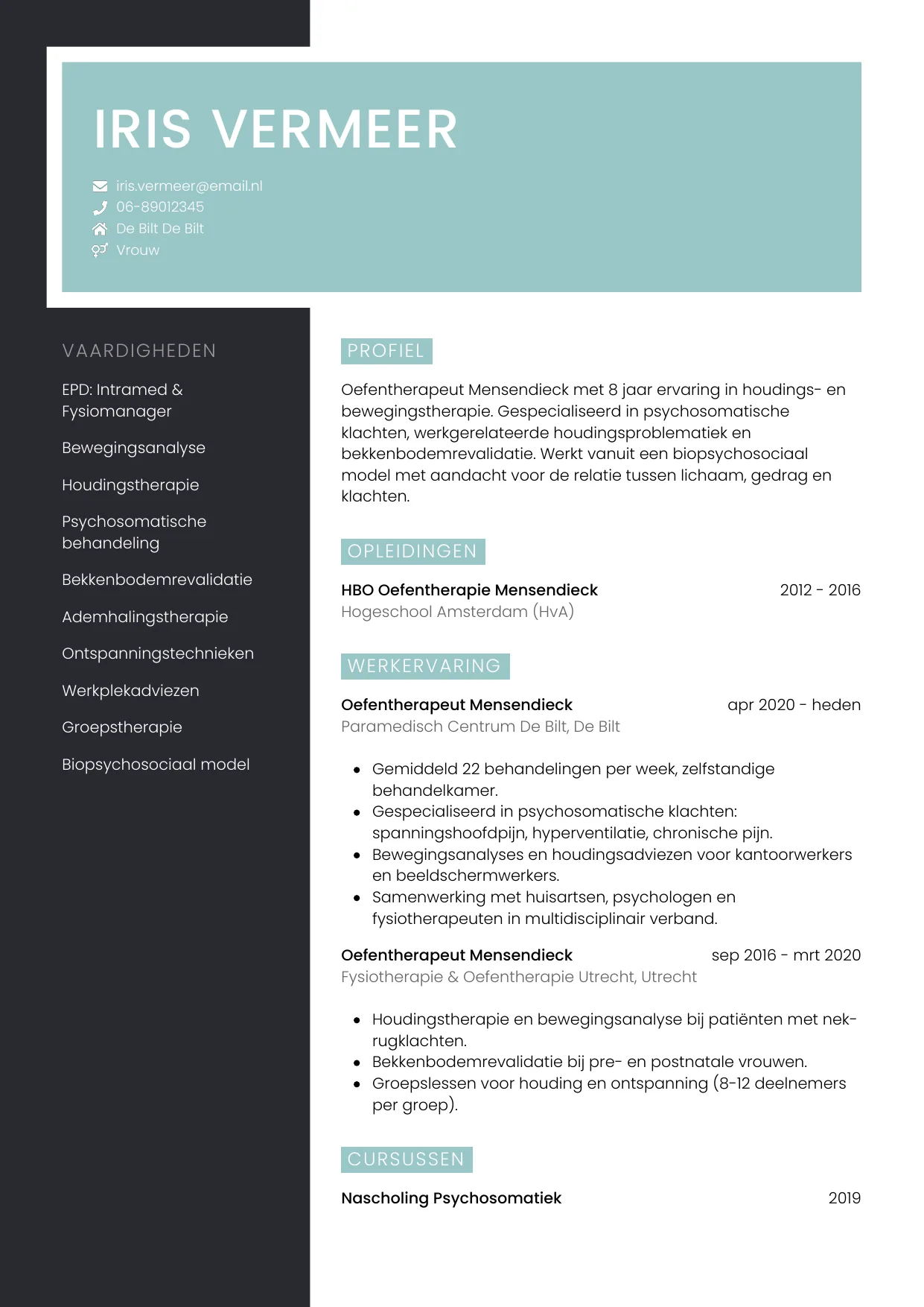 Voorbeeld CV voor oefentherapeut in template Elegant. CV Elegant voor oefentherapeut