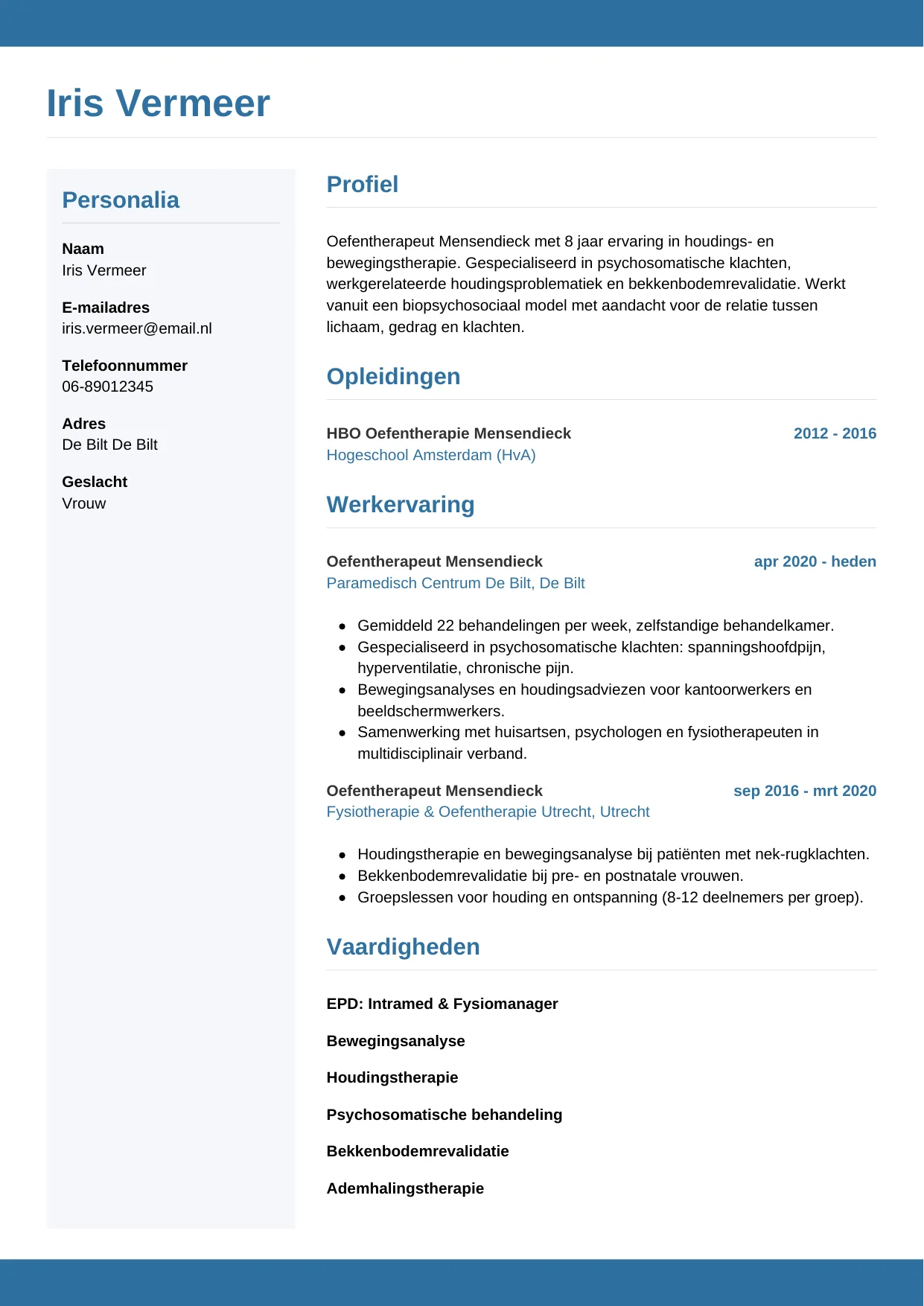 Voorbeeld CV voor oefentherapeut in template Horizontaal. CV Horizontaal voor oefentherapeut