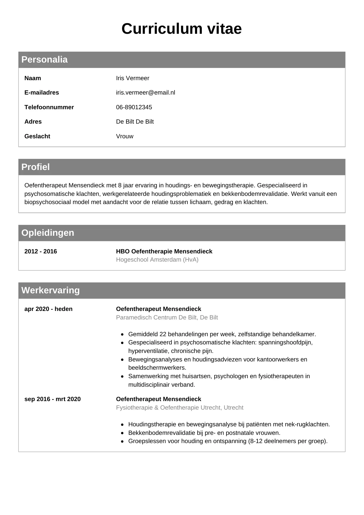 Voorbeeld CV voor oefentherapeut in template Klassiek. CV Klassiek voor oefentherapeut