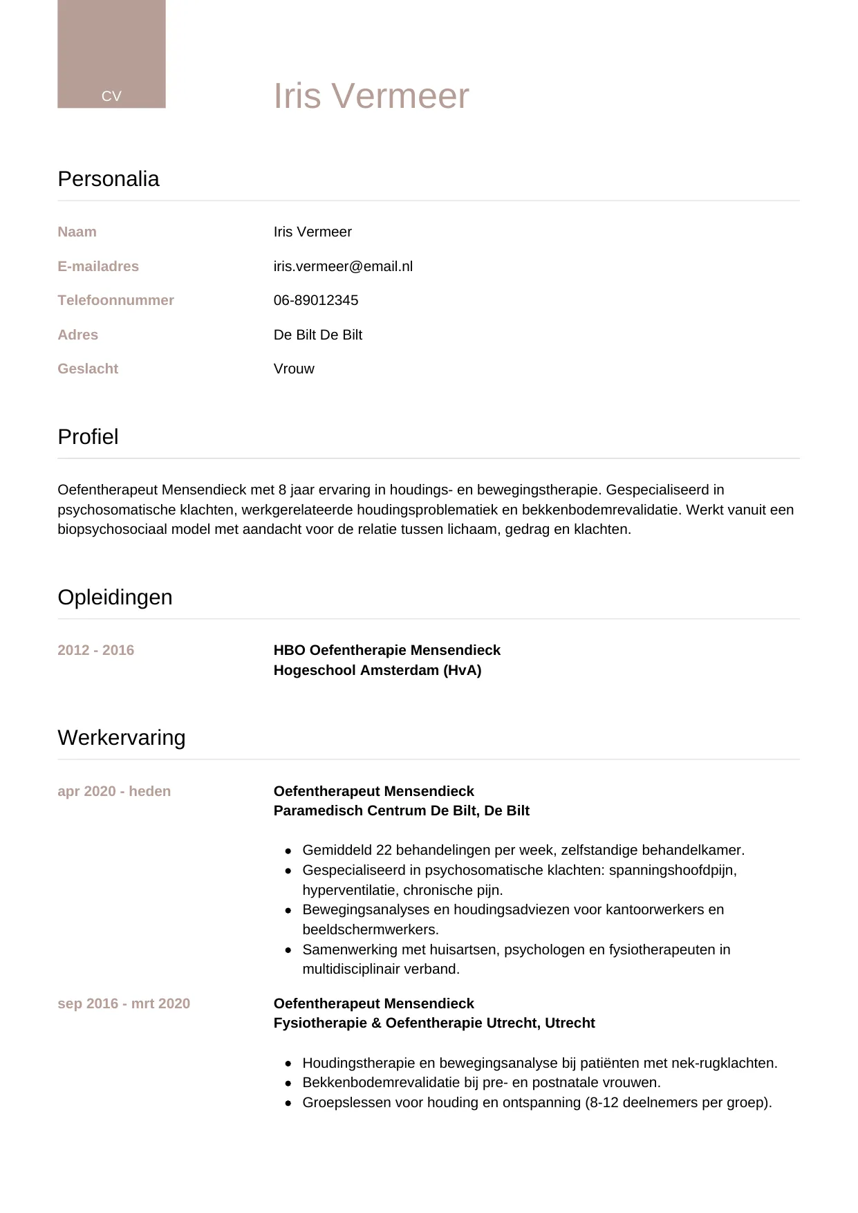 Voorbeeld CV voor oefentherapeut in template Luxe. CV Luxe voor oefentherapeut
