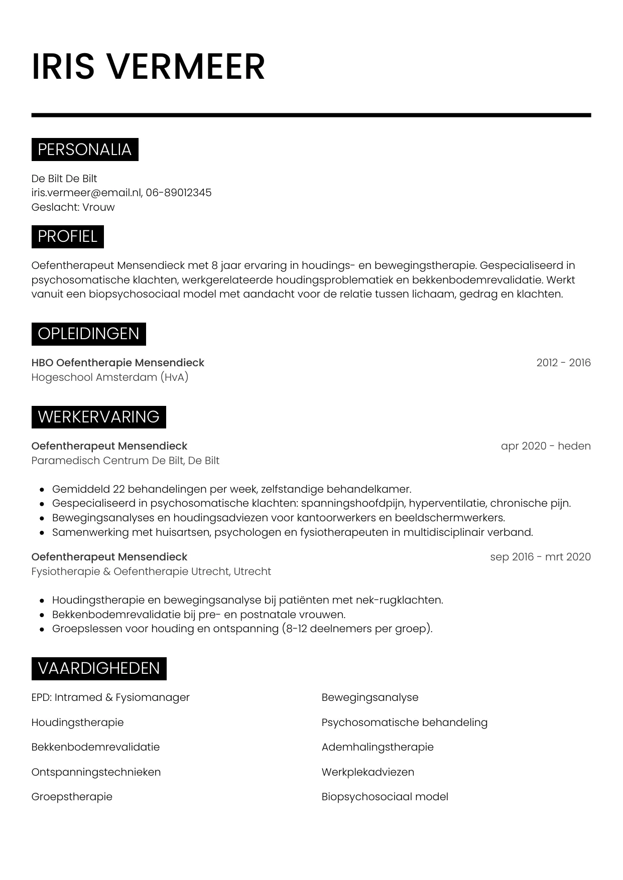 Voorbeeld CV voor oefentherapeut in template Metro. CV Metro voor oefentherapeut