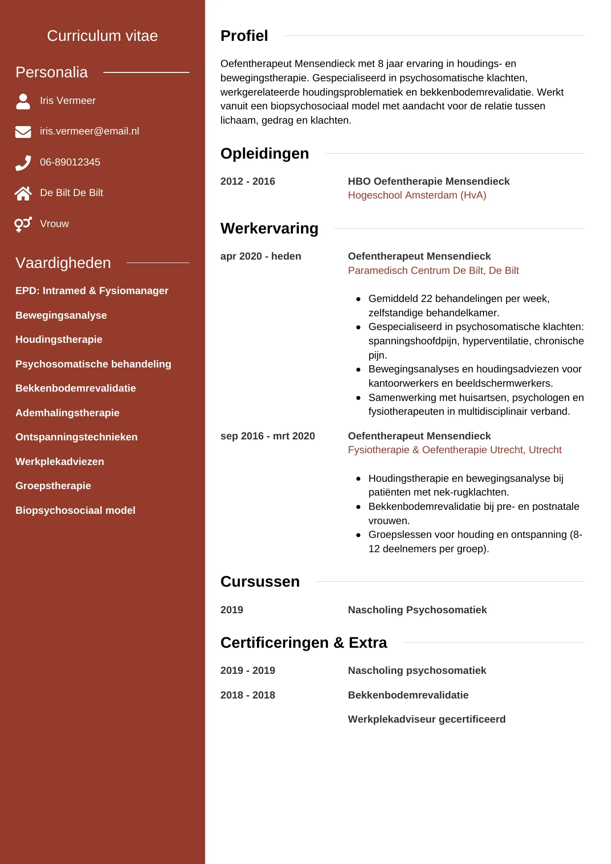 Voorbeeld CV voor oefentherapeut in template Modern. CV Modern voor oefentherapeut