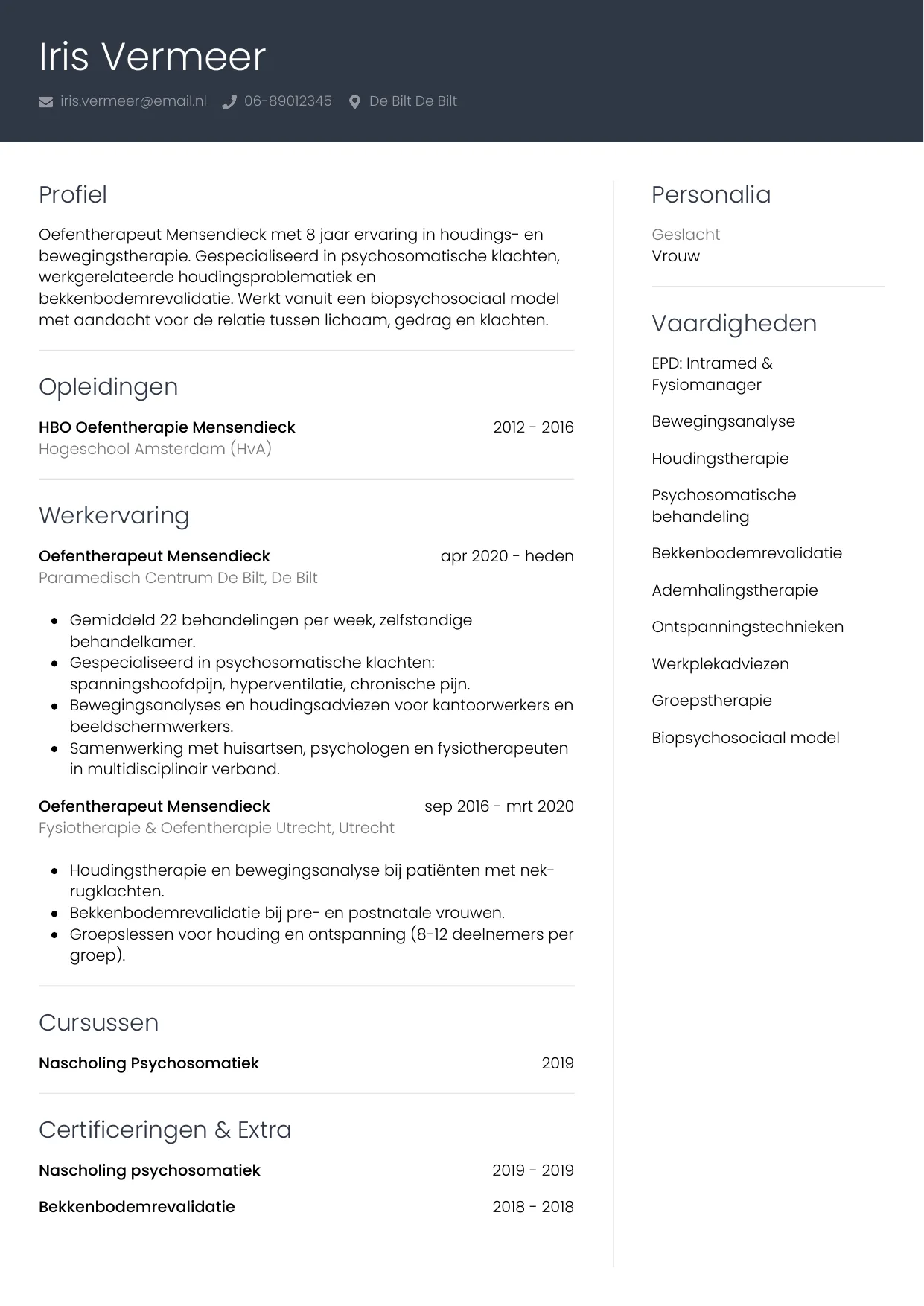 Voorbeeld CV voor oefentherapeut in template Professioneel. CV Professioneel voor oefentherapeut