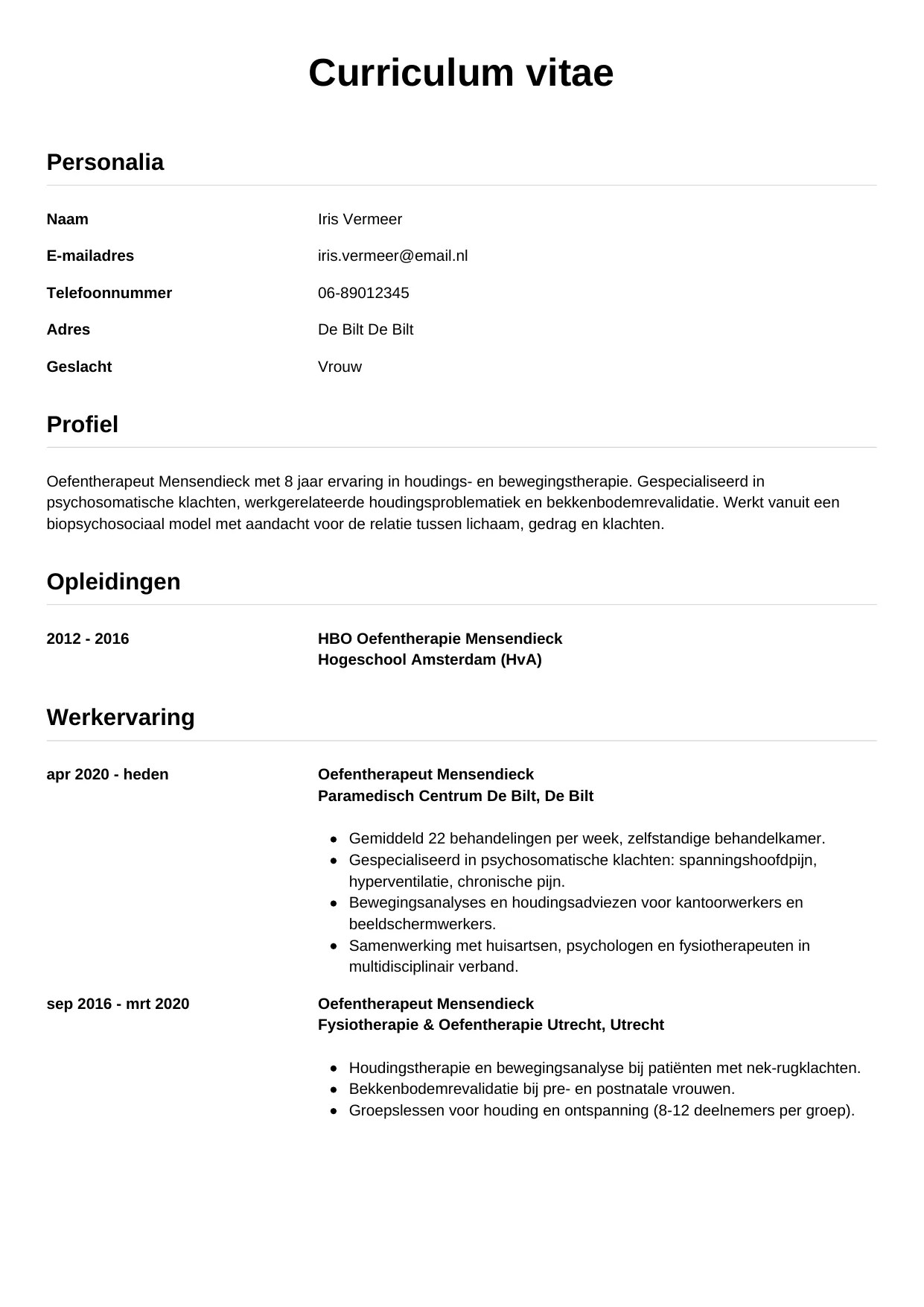 Voorbeeld CV voor oefentherapeut in template Simpel. CV Simpel voor oefentherapeut