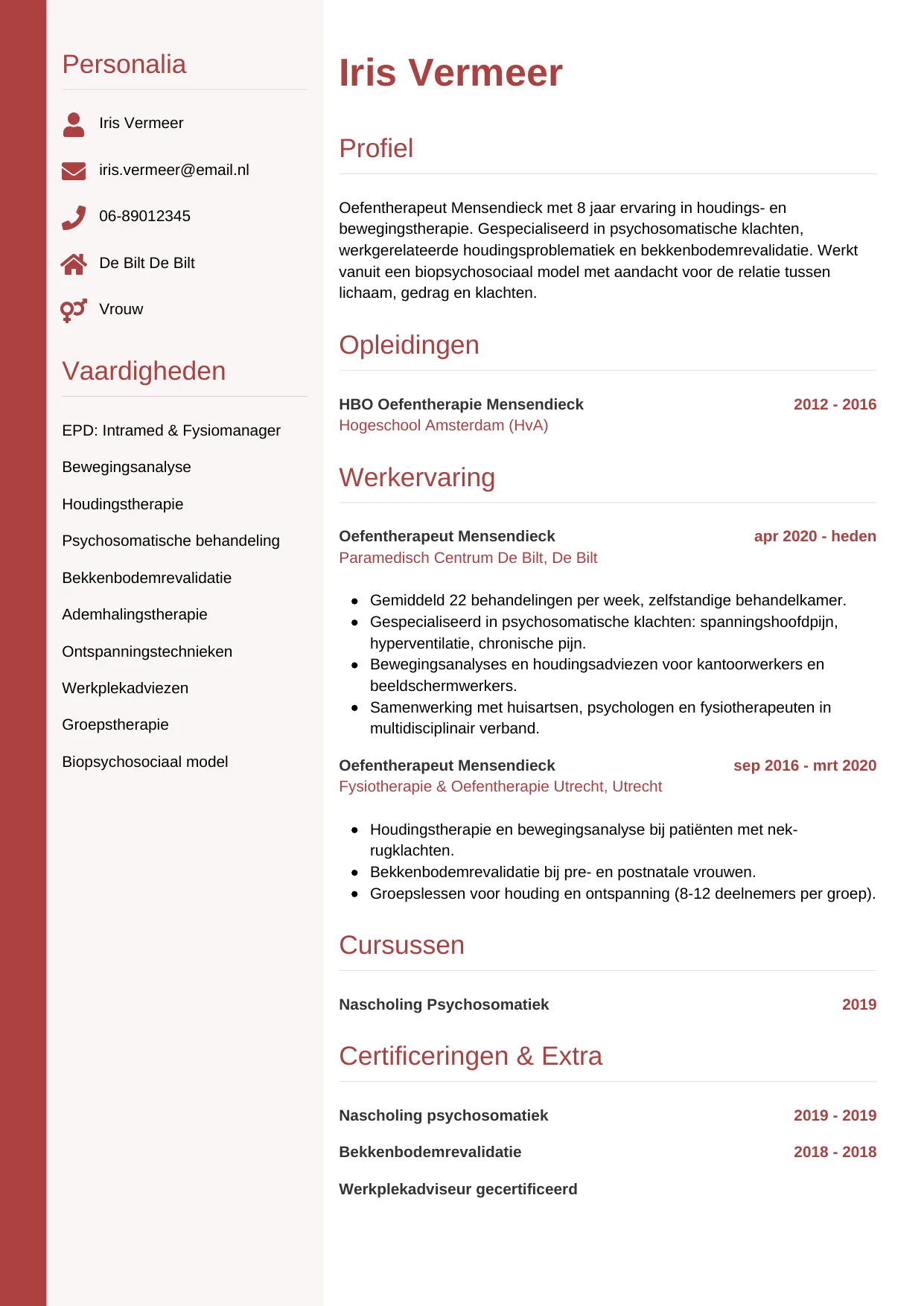 Voorbeeld CV voor oefentherapeut in template Verticaal. CV Verticaal voor oefentherapeut