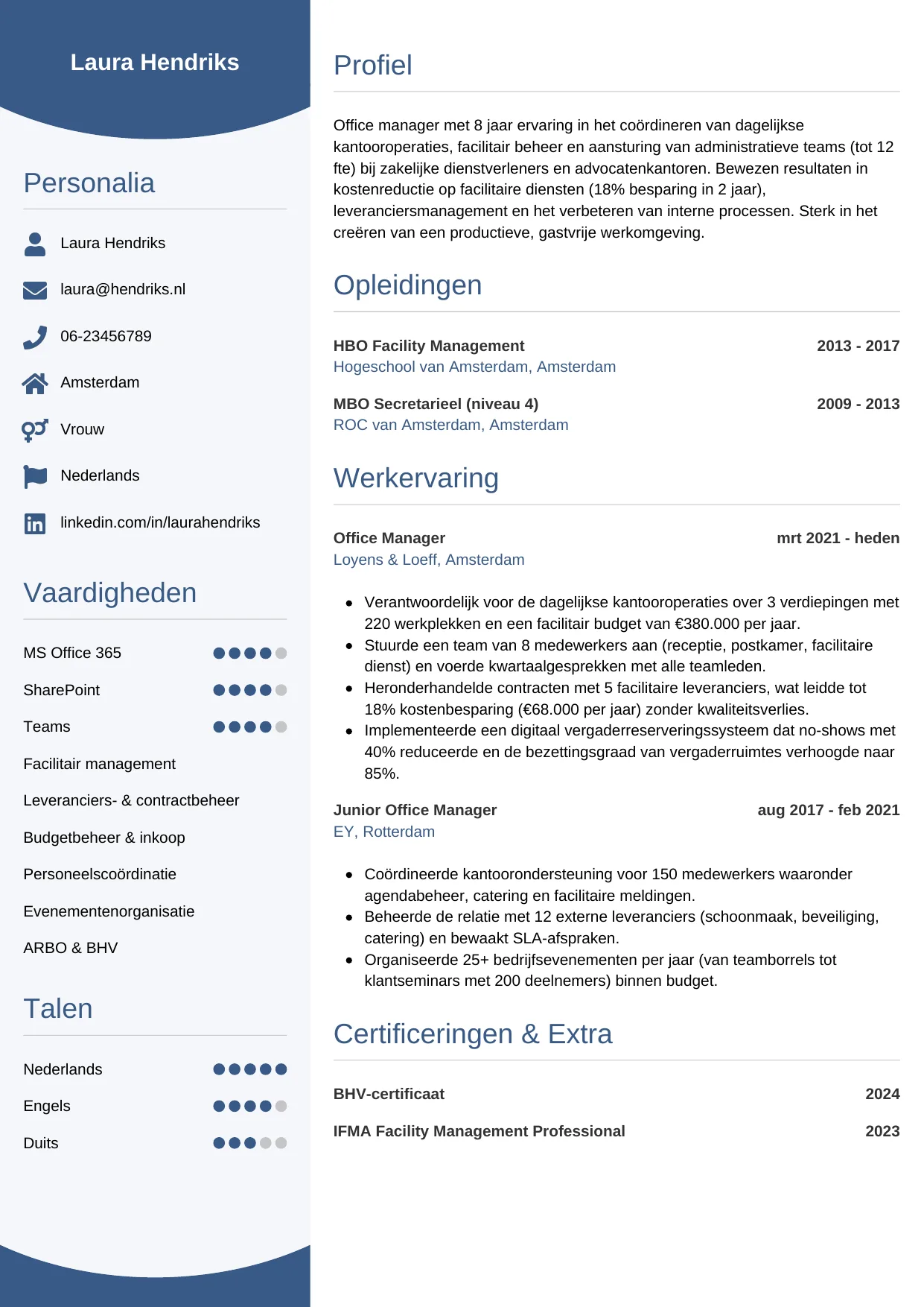 Voorbeeld CV voor office manager in template Circulair. CV Circulair voor office manager