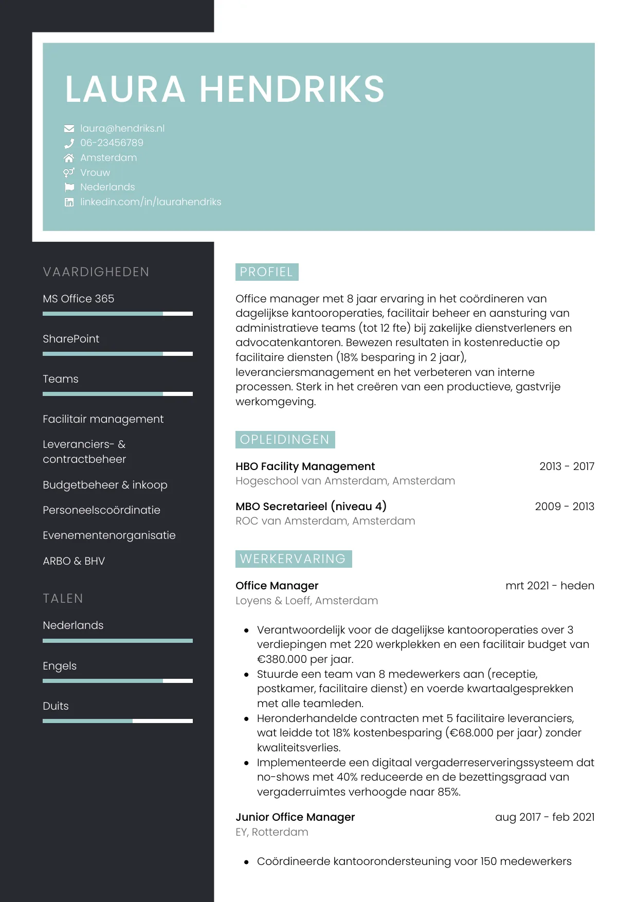 Voorbeeld CV voor office manager in template Elegant. CV Elegant voor office manager