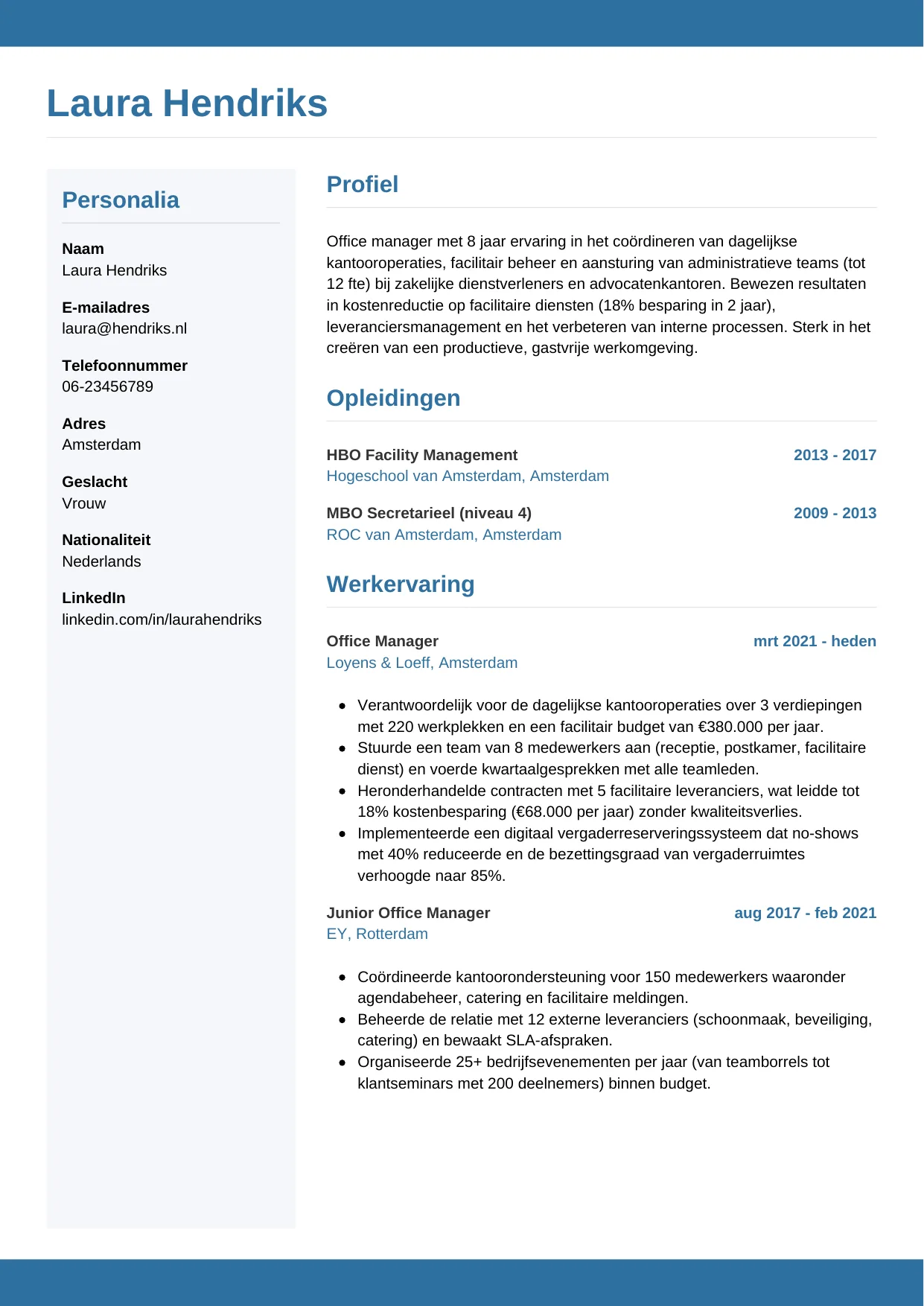Voorbeeld CV voor office manager in template Horizontaal. CV Horizontaal voor office manager