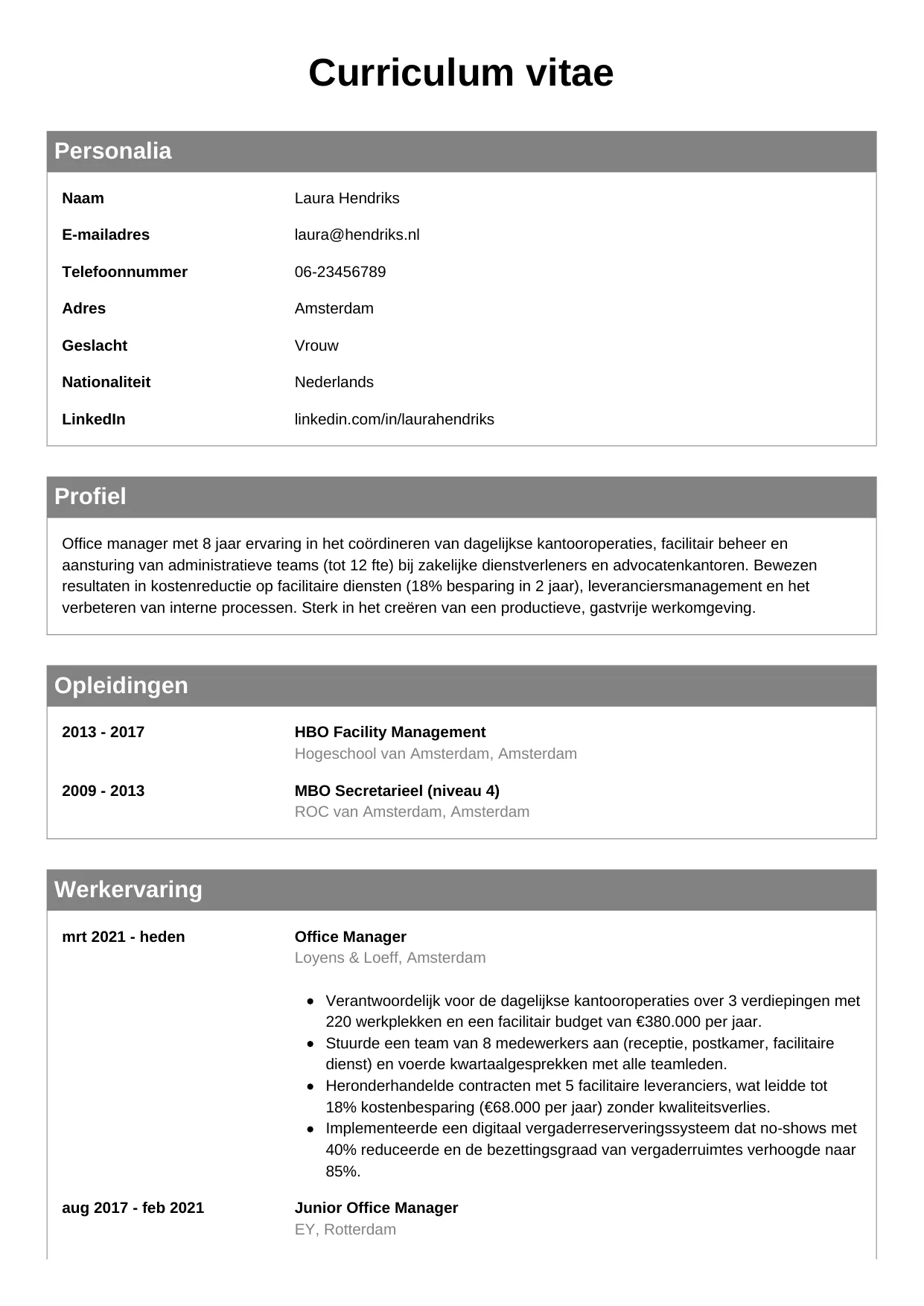 Voorbeeld CV voor office manager in template Klassiek. CV Klassiek voor office manager