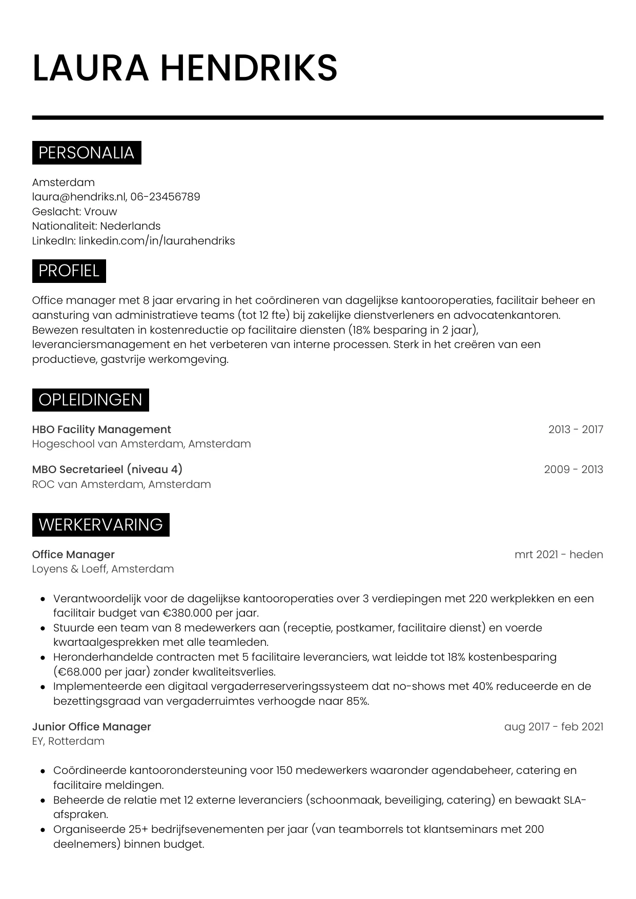 Voorbeeld CV voor office manager in template Metro. CV Metro voor office manager