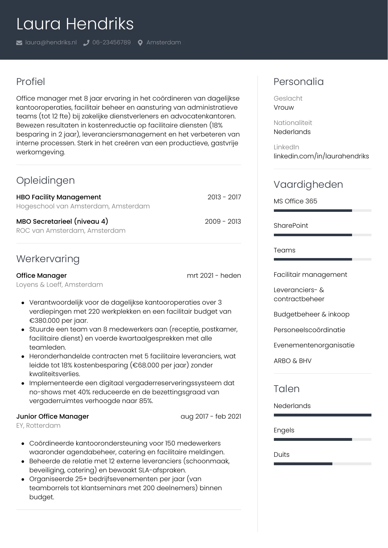 Voorbeeld CV voor office manager in template Professioneel. CV Professioneel voor office manager
