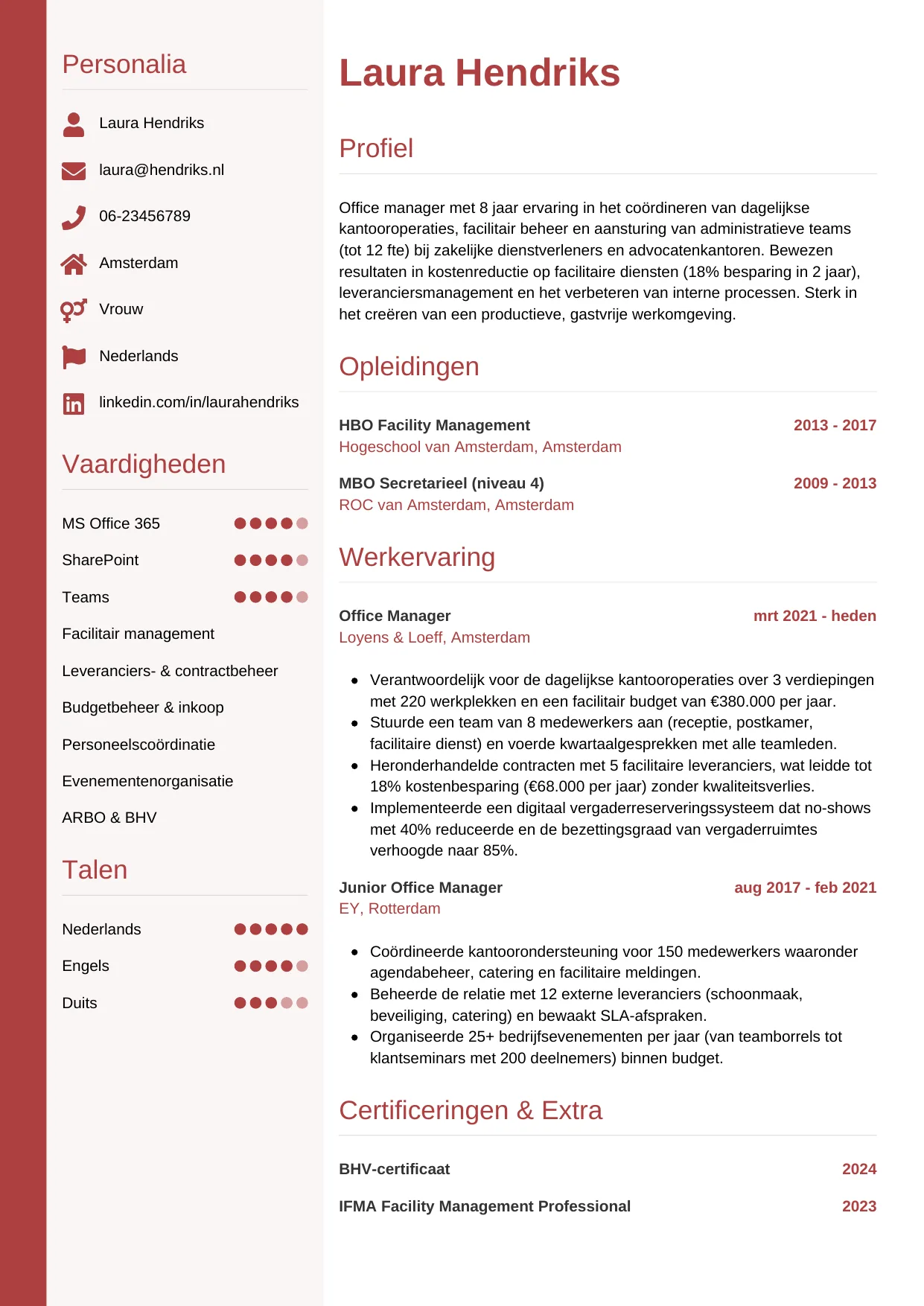 Voorbeeld CV voor office manager in template Verticaal. CV Verticaal voor office manager