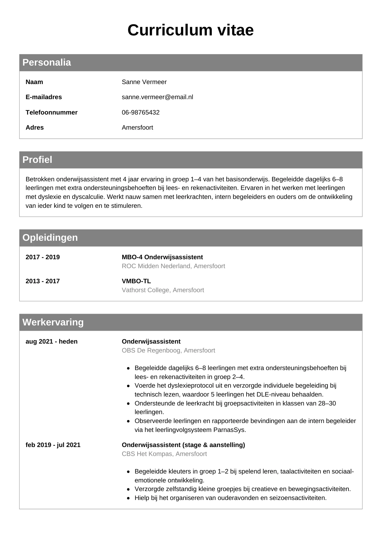 CV Klassiek voor onderwijsassistent
