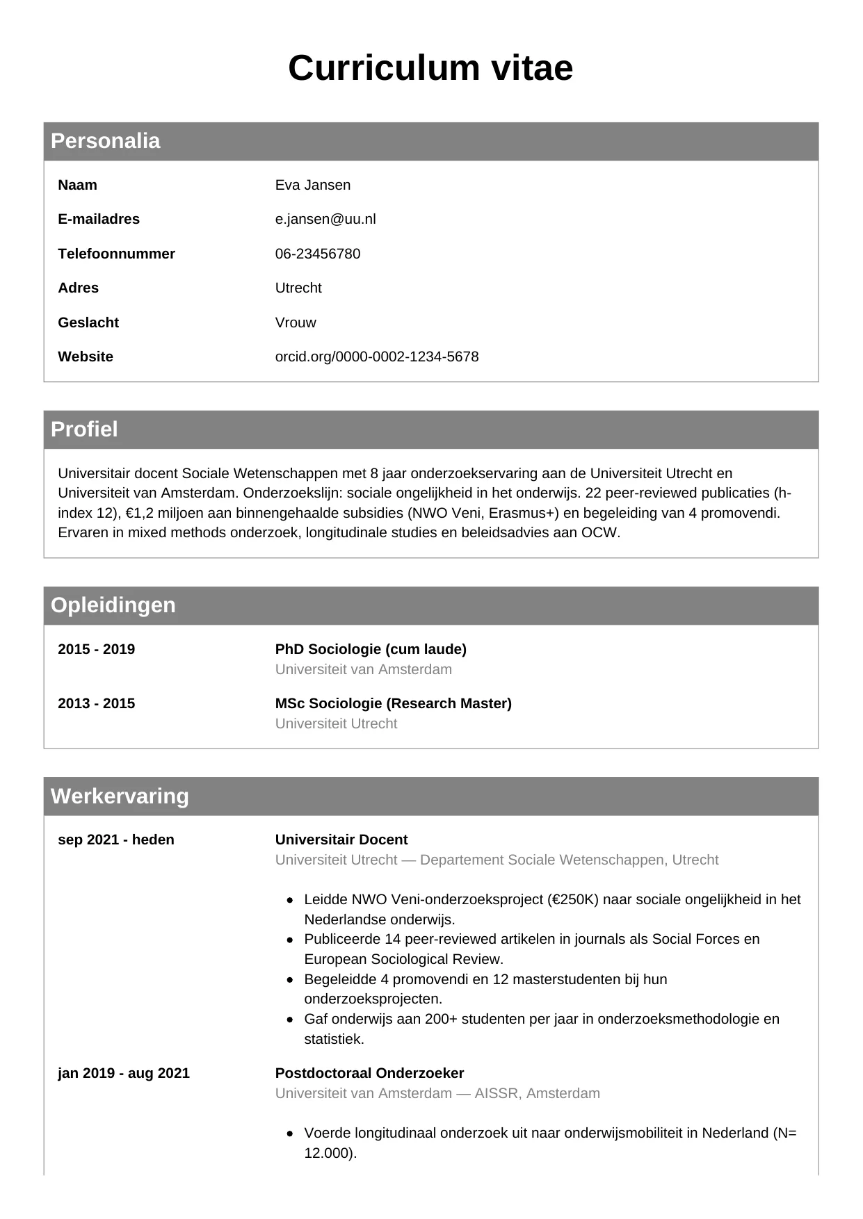 CV Klassiek voor onderzoeker