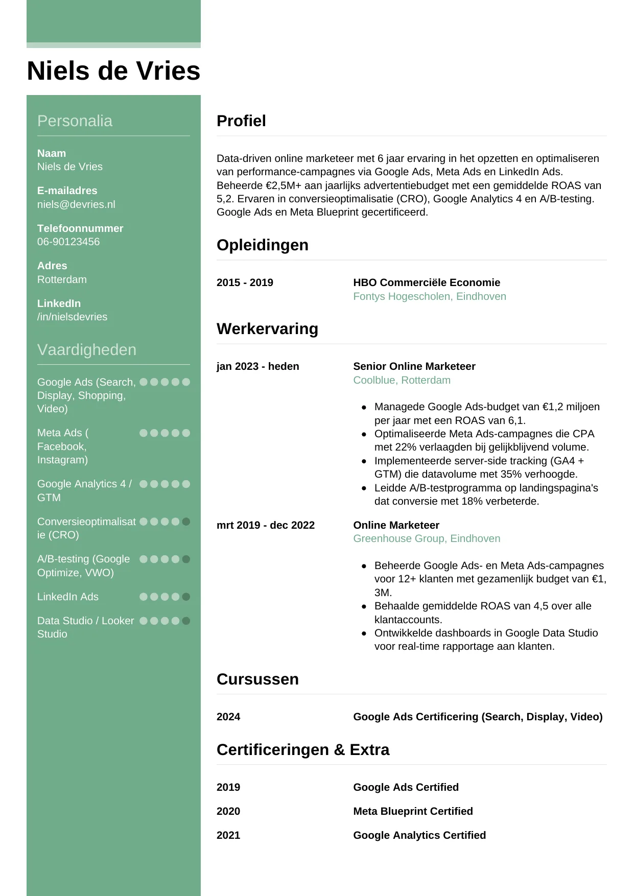 Voorbeeld CV voor online marketeer in template Casual. CV Casual voor online marketeer