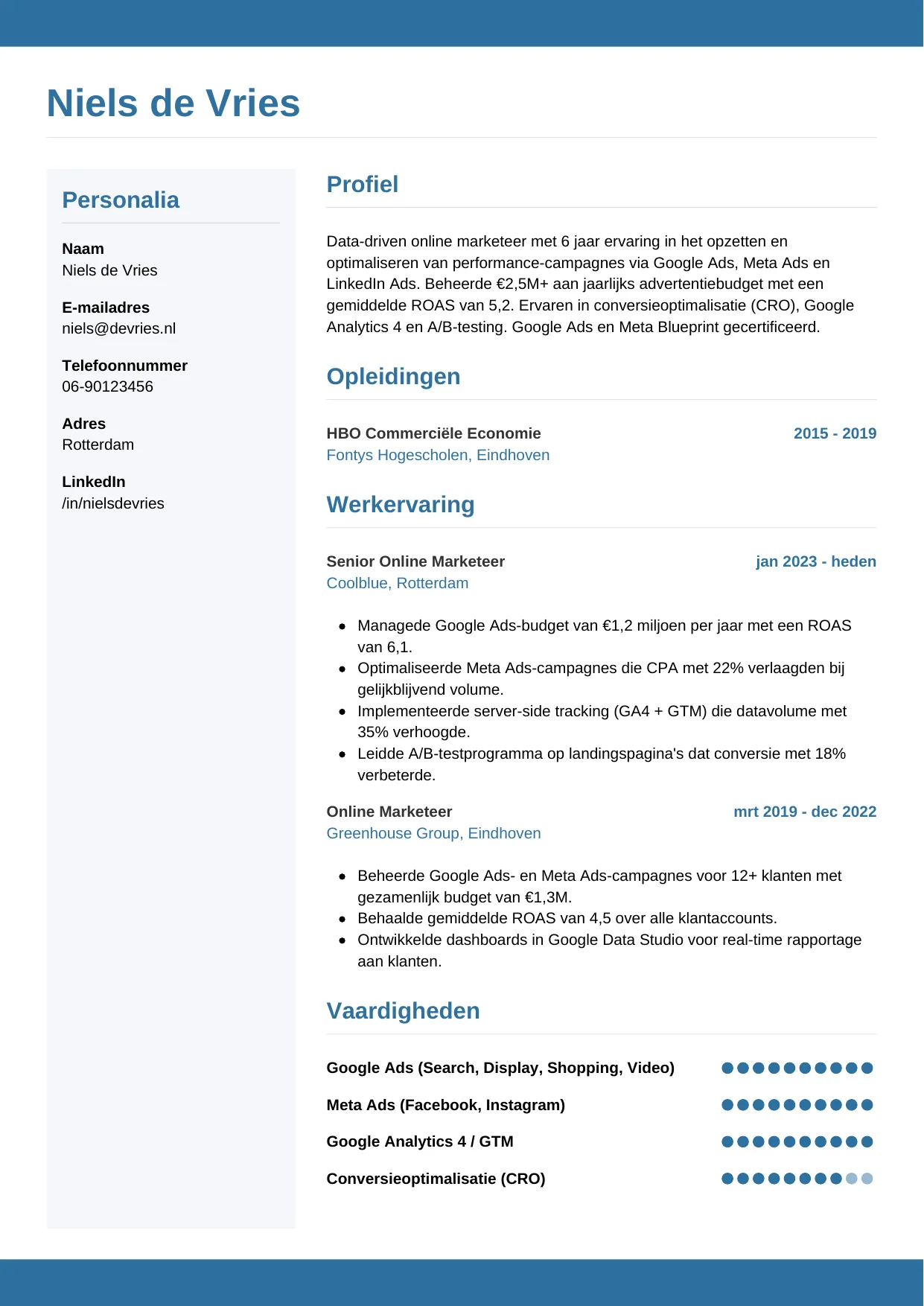 Voorbeeld CV voor online marketeer in template Horizontaal. CV Horizontaal voor online marketeer