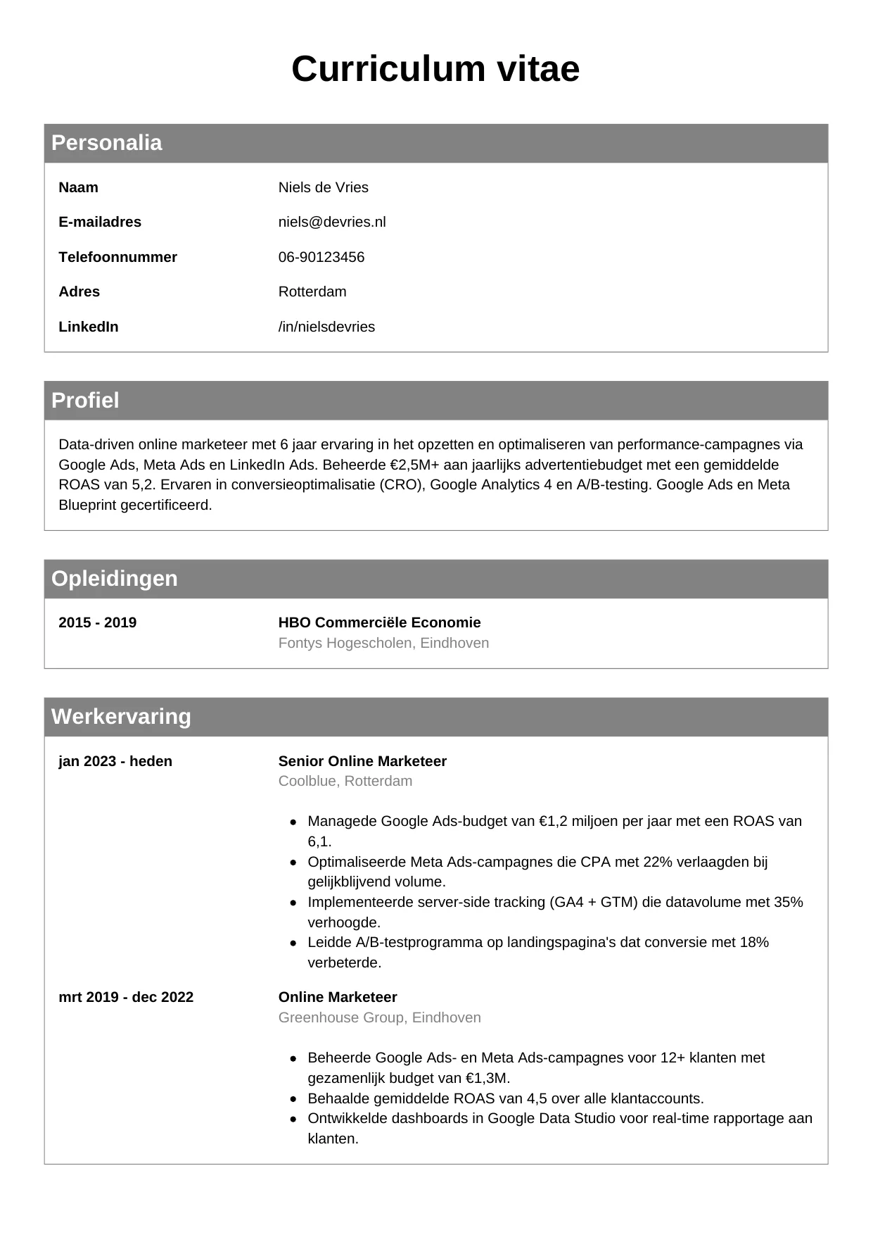 Voorbeeld CV voor online marketeer in template Klassiek. CV Klassiek voor online marketeer
