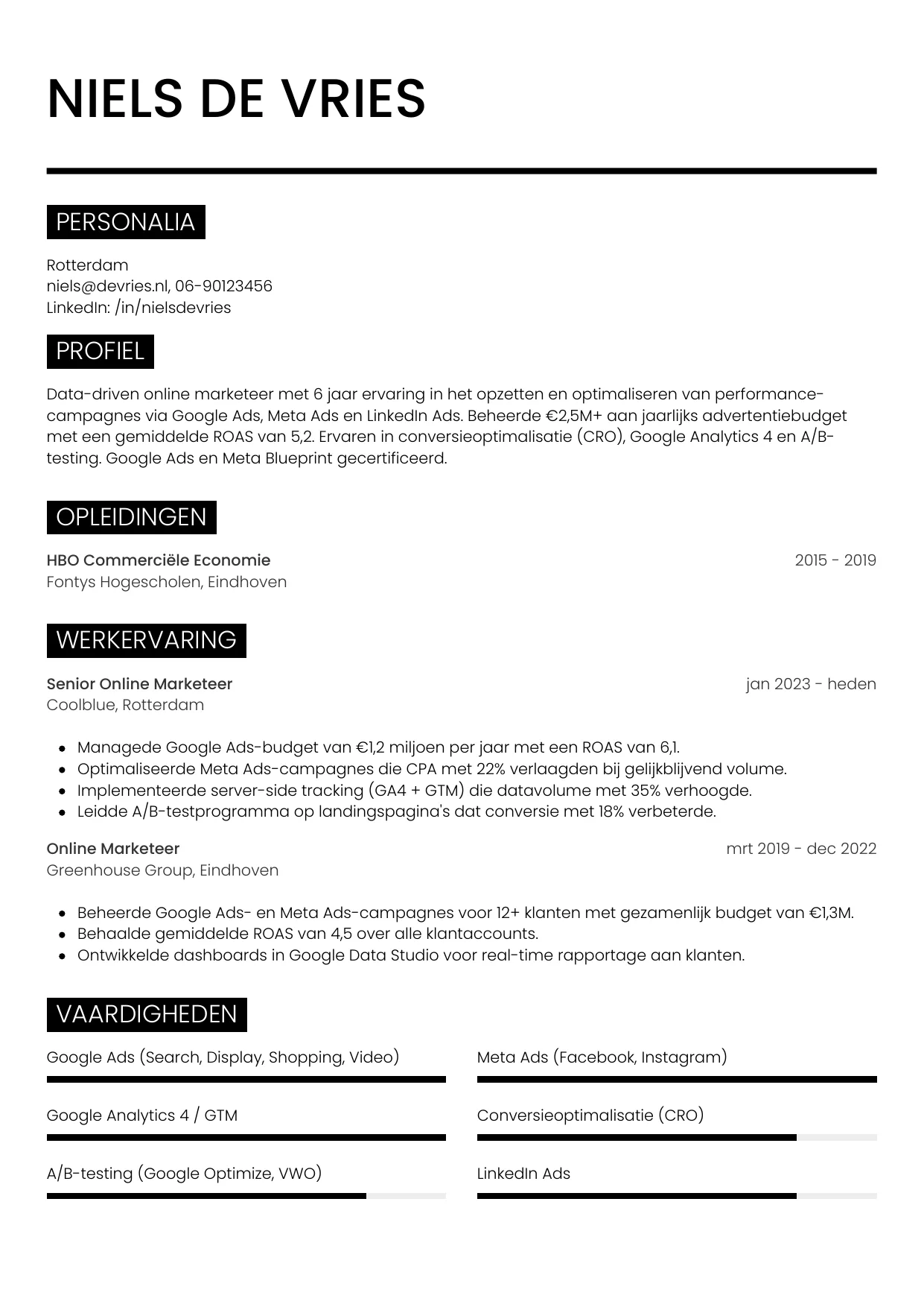 Voorbeeld CV voor online marketeer in template Metro. CV Metro voor online marketeer