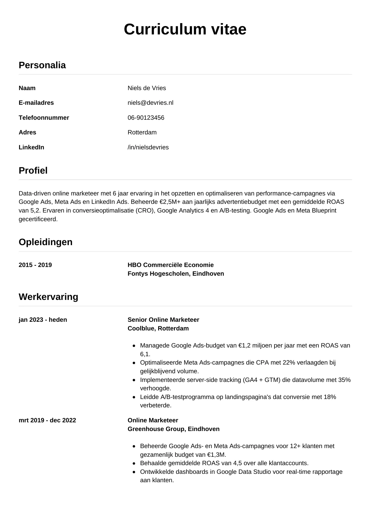 Voorbeeld CV voor online marketeer in template Simpel. CV Simpel voor online marketeer
