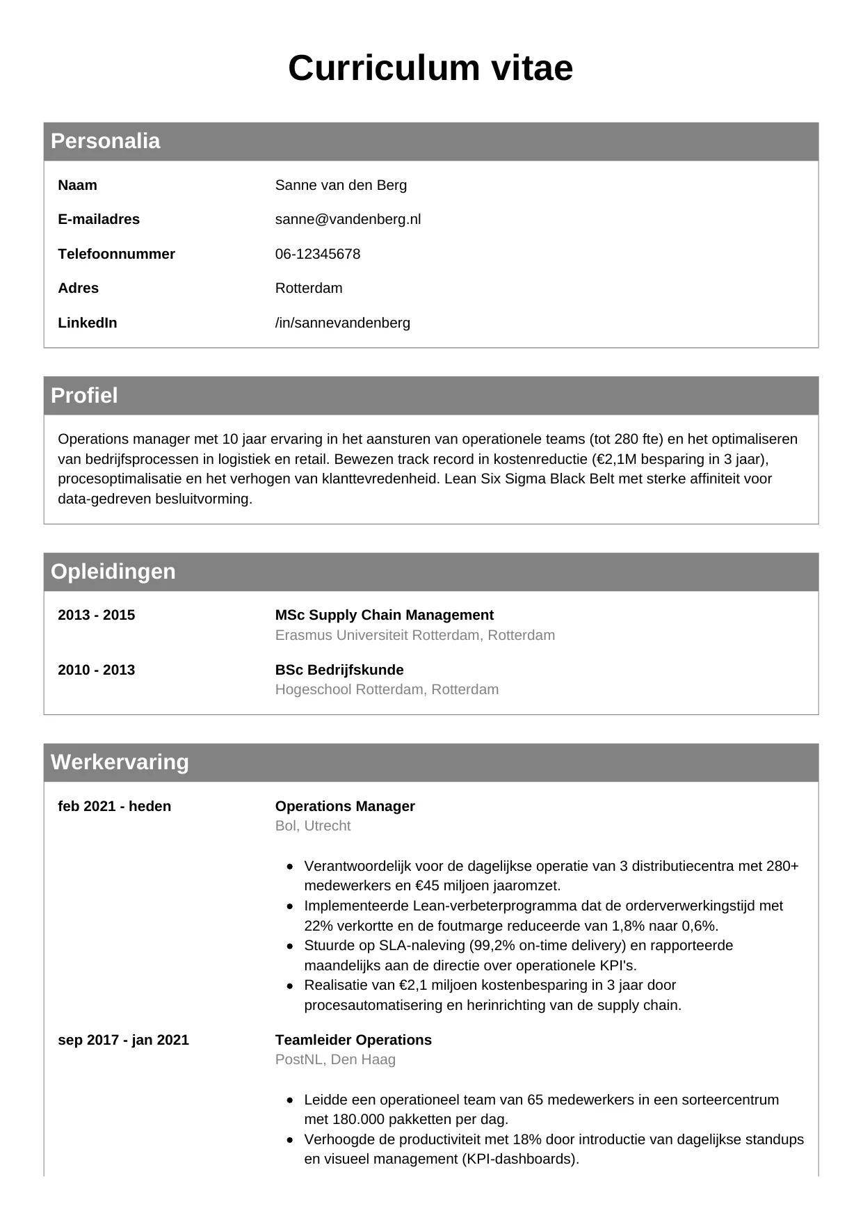 CV Klassiek voor operations manager