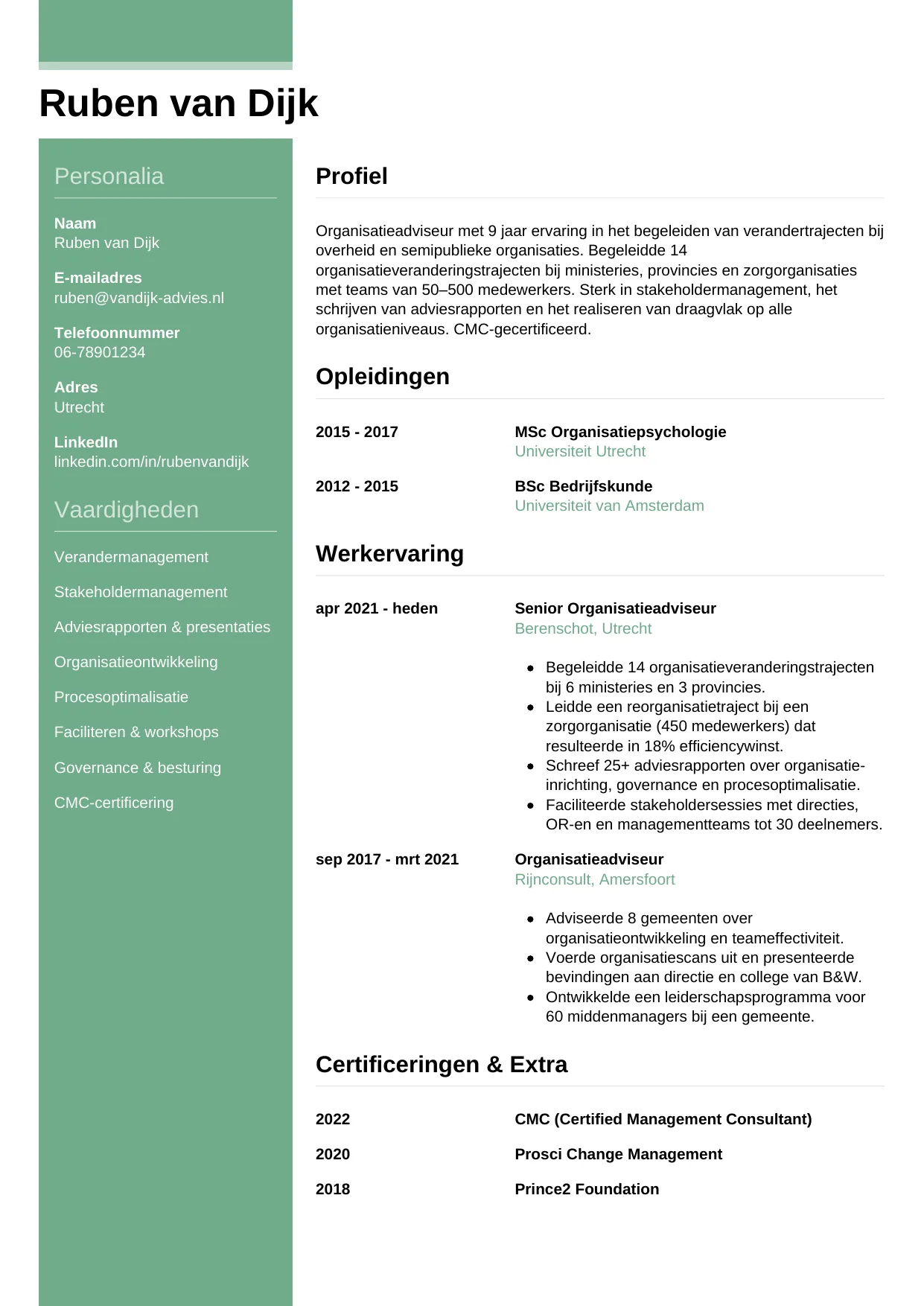 Voorbeeld CV voor organisatieadviseur in template Casual. CV Casual voor organisatieadviseur