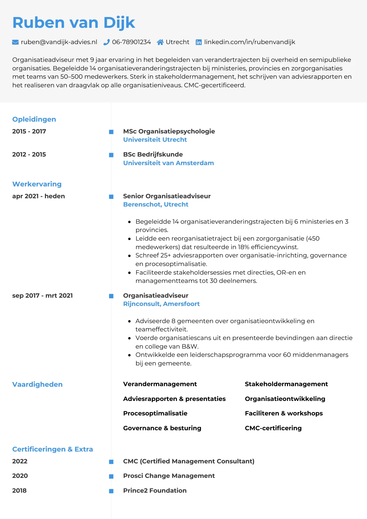 Voorbeeld CV voor organisatieadviseur in template Chrono. CV Chrono voor organisatieadviseur