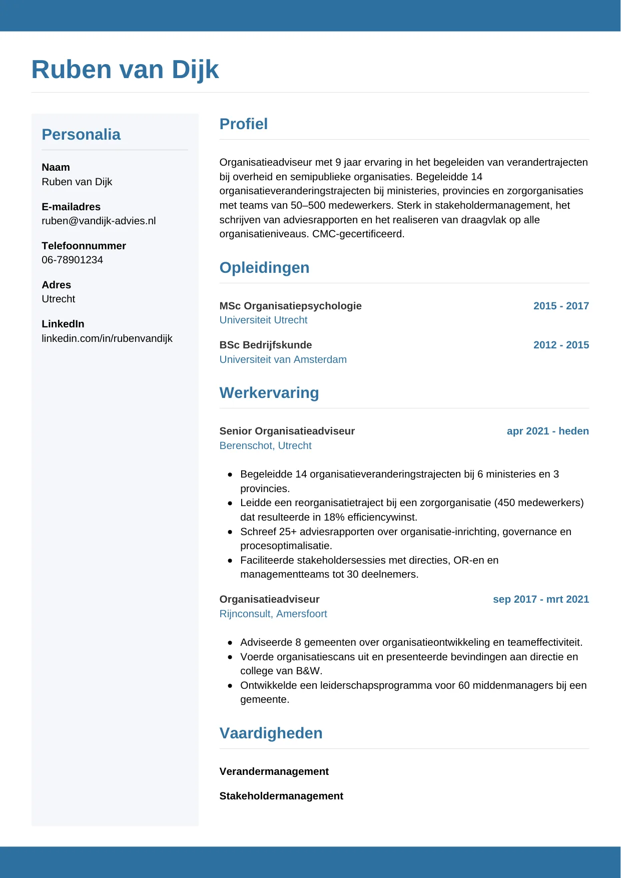 Voorbeeld CV voor organisatieadviseur in template Horizontaal. CV Horizontaal voor organisatieadviseur
