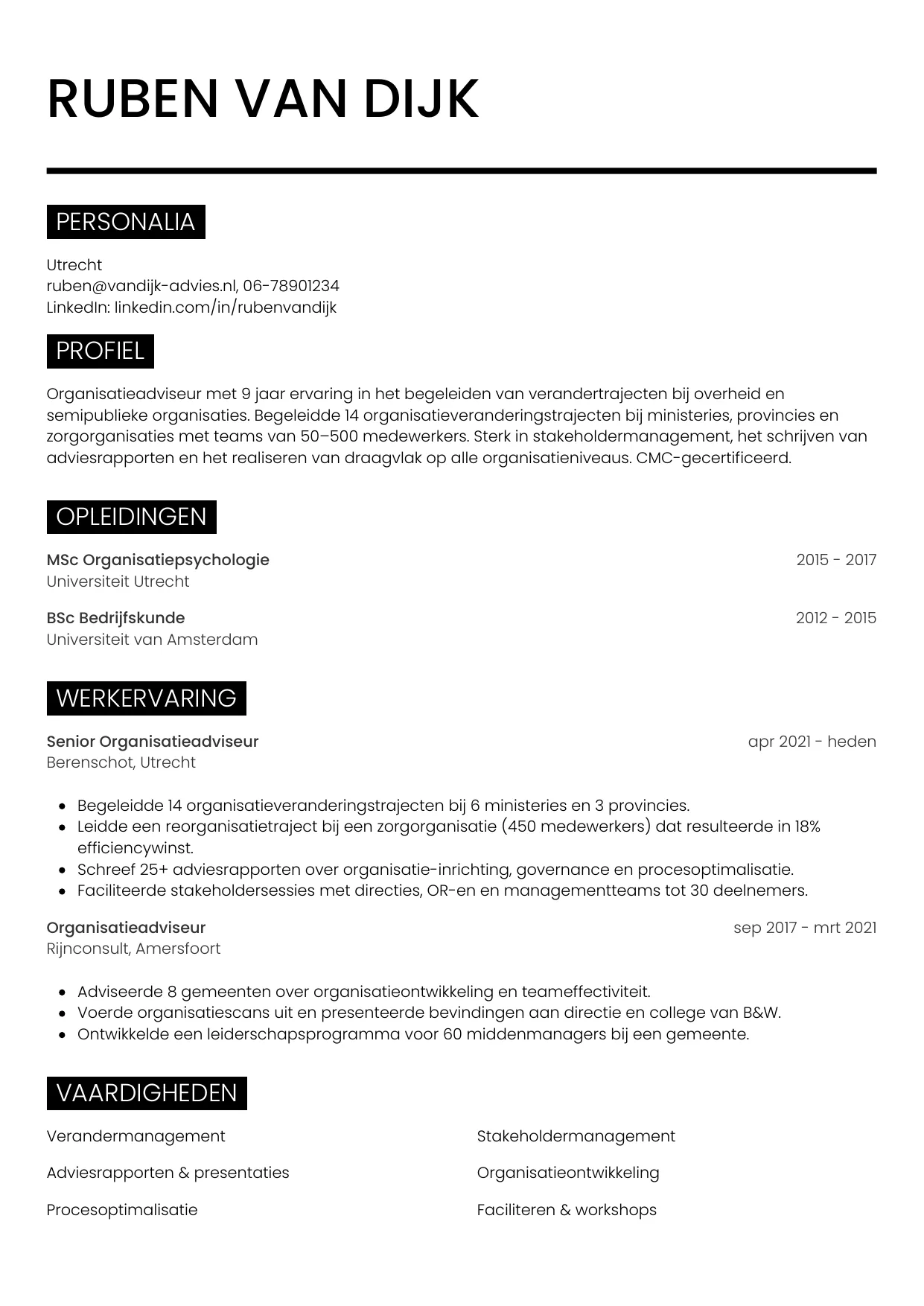 Voorbeeld CV voor organisatieadviseur in template Metro. CV Metro voor organisatieadviseur