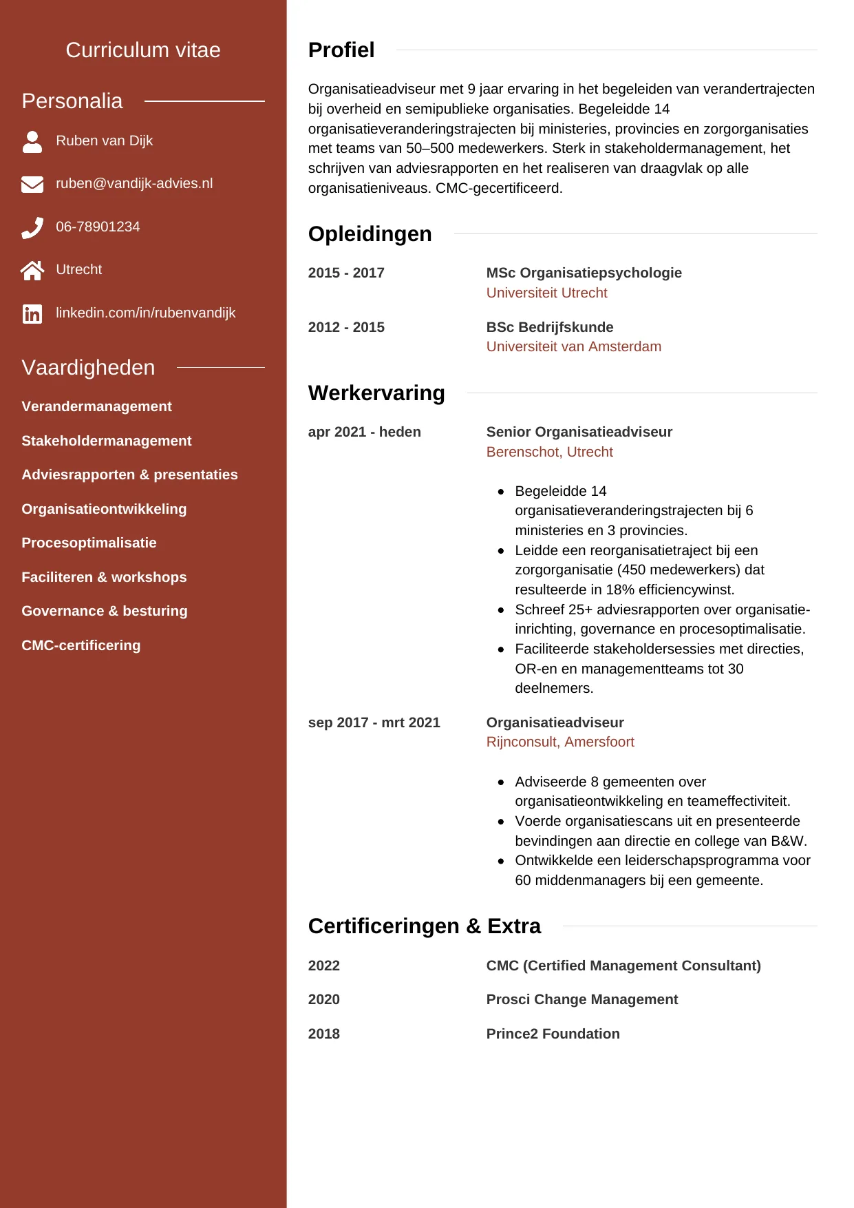 Voorbeeld CV voor organisatieadviseur in template Modern. CV Modern voor organisatieadviseur