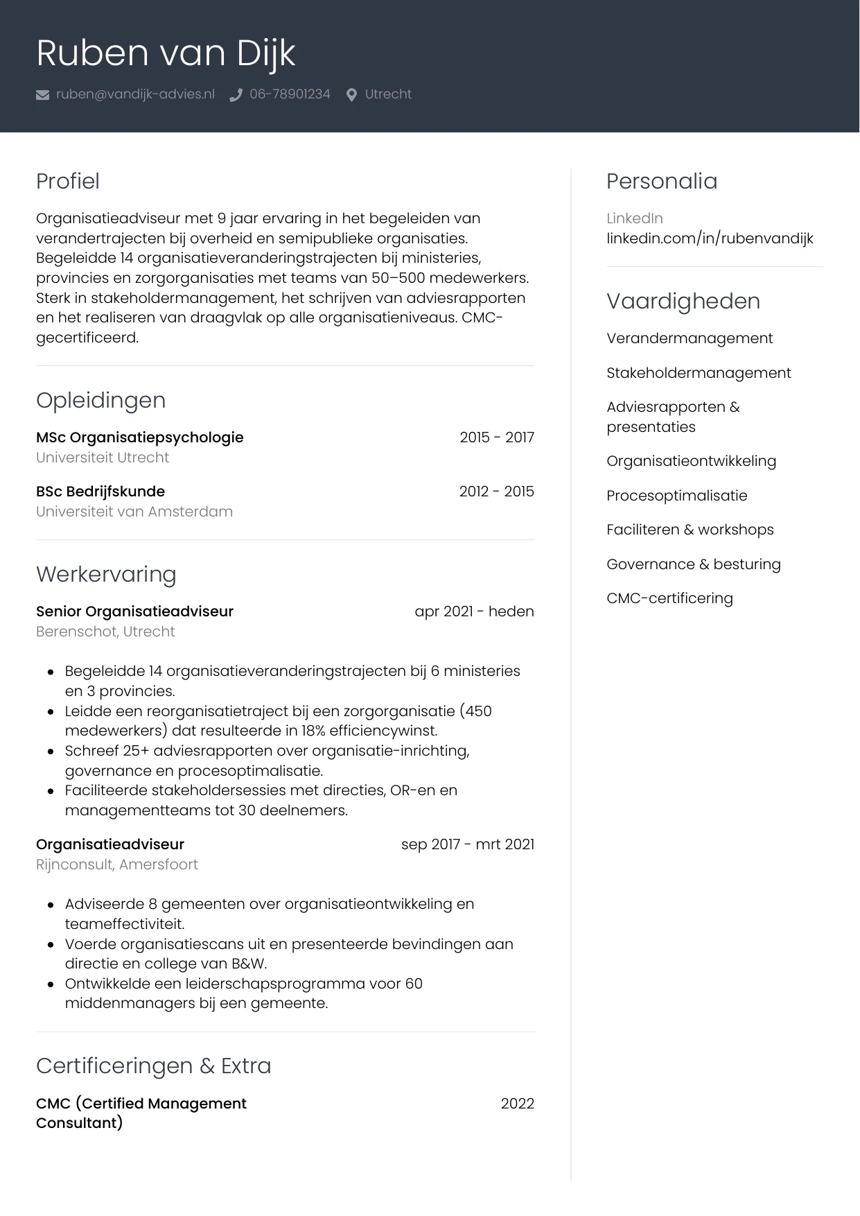Voorbeeld CV voor organisatieadviseur in template Professioneel. CV Professioneel voor organisatieadviseur