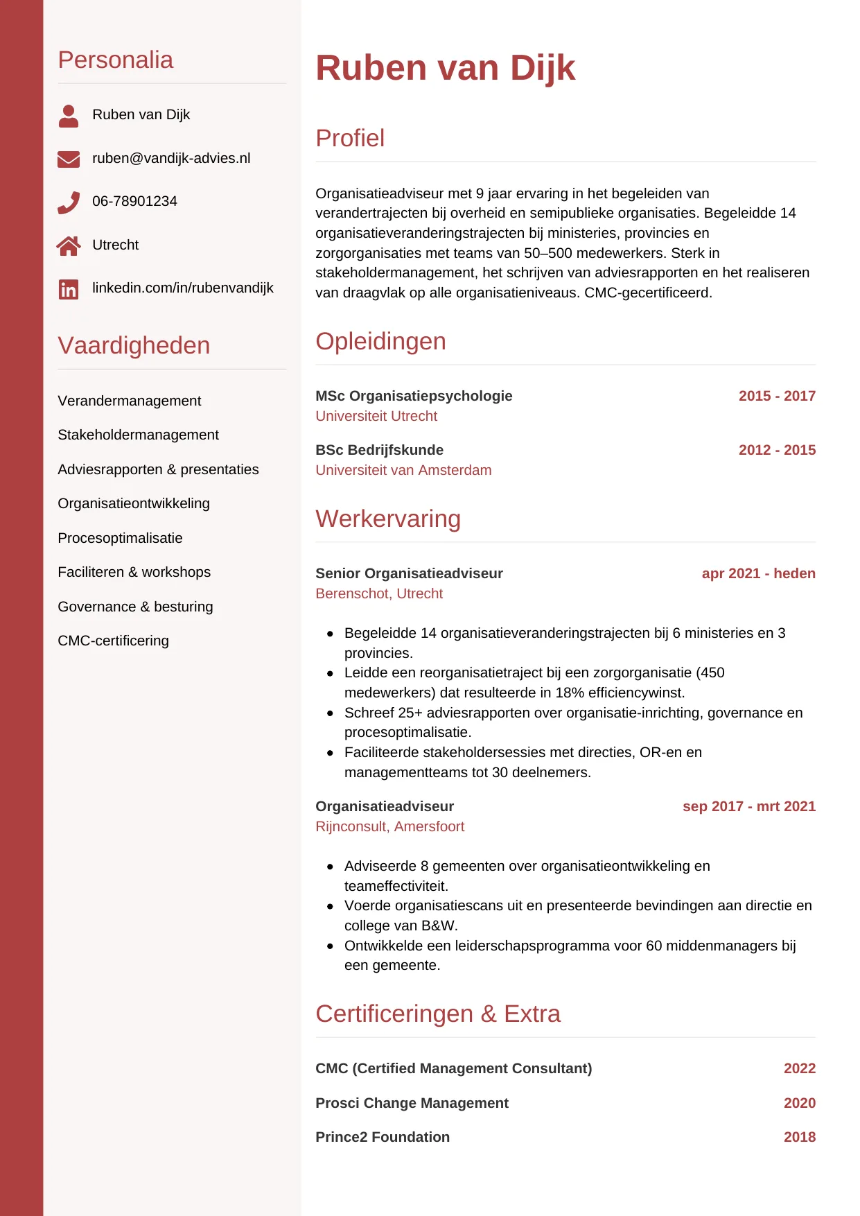 Voorbeeld CV voor organisatieadviseur in template Verticaal. CV Verticaal voor organisatieadviseur