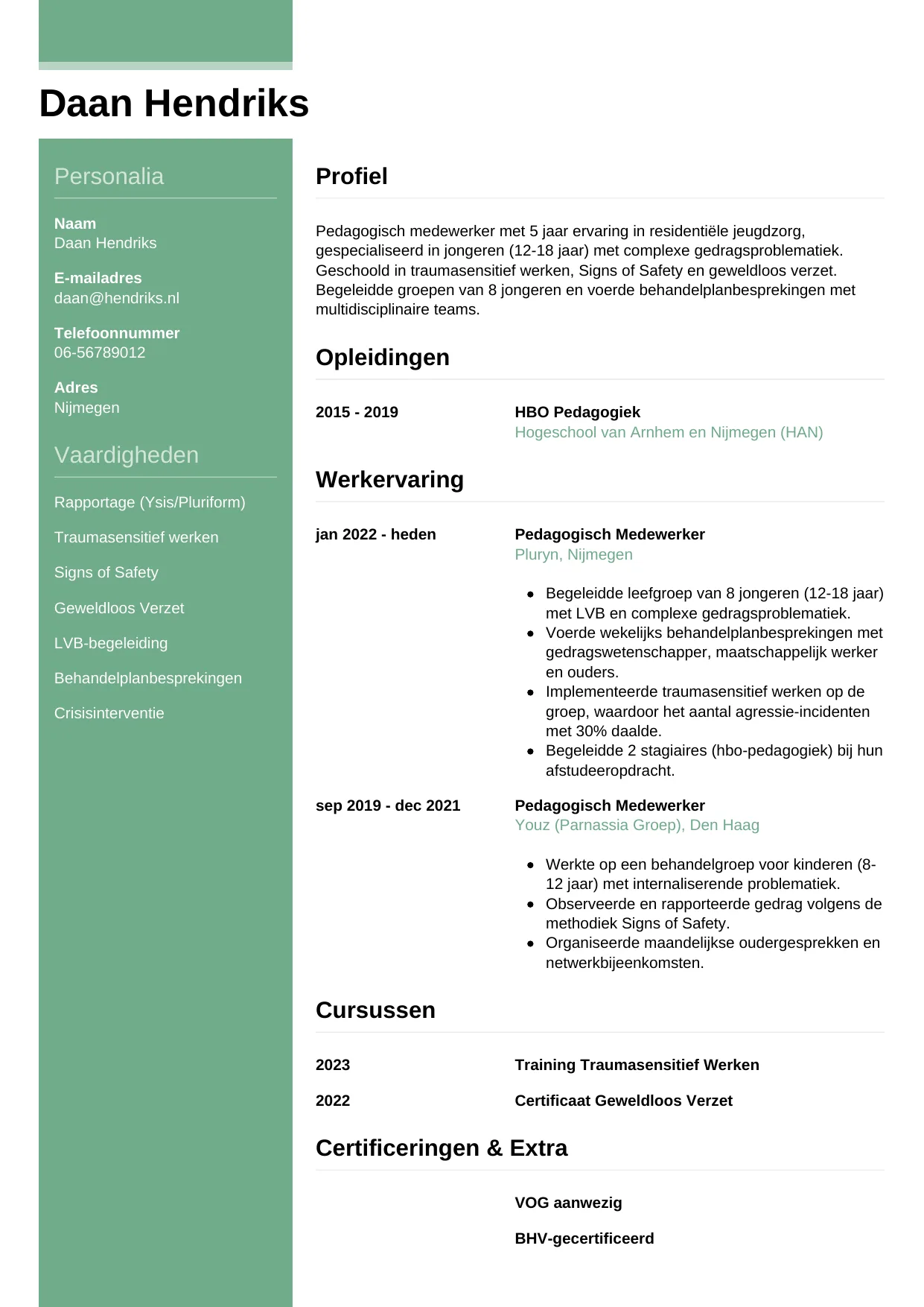 Voorbeeld CV voor pedagogisch medewerker in template Casual. CV Casual voor pedagogisch medewerker