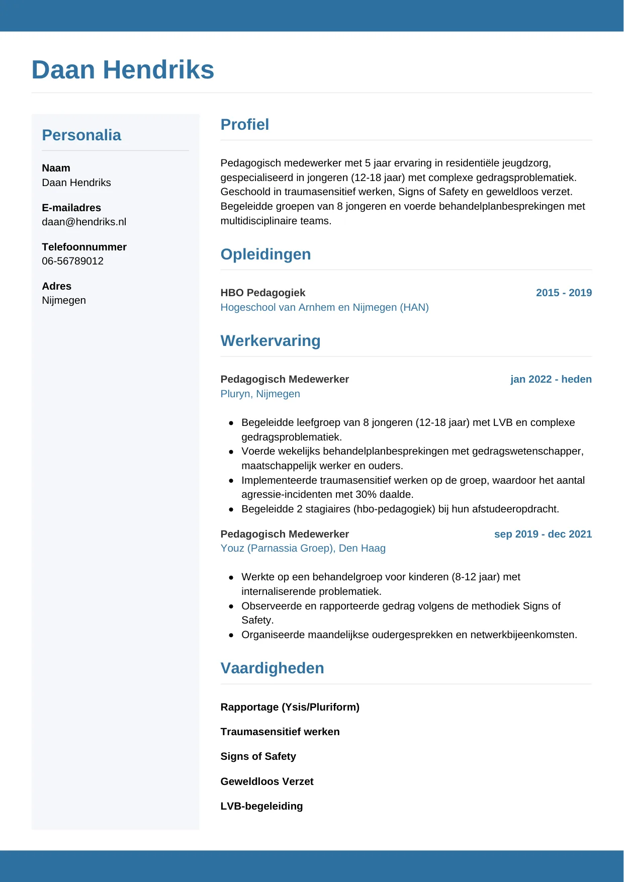 Voorbeeld CV voor pedagogisch medewerker in template Horizontaal. CV Horizontaal voor pedagogisch medewerker