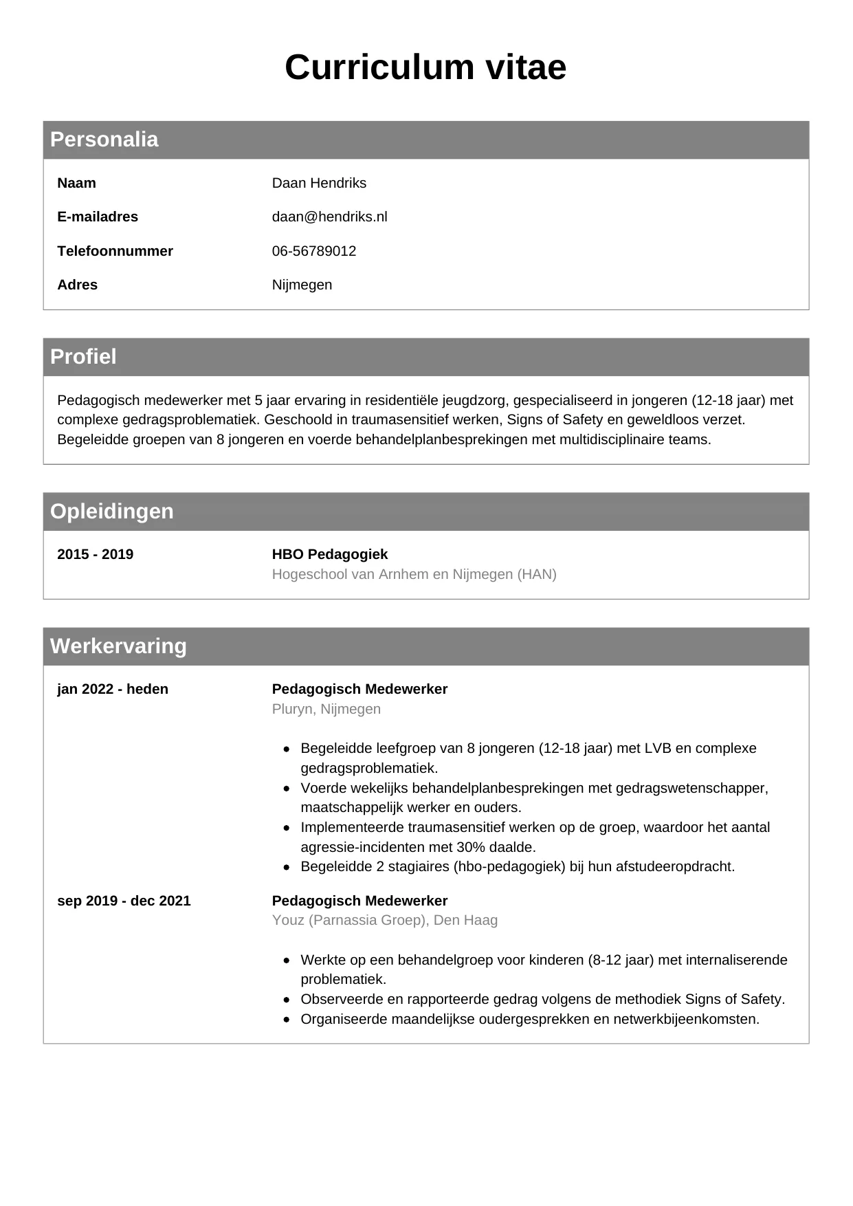 Voorbeeld CV voor pedagogisch medewerker in template Klassiek. CV Klassiek voor pedagogisch medewerker