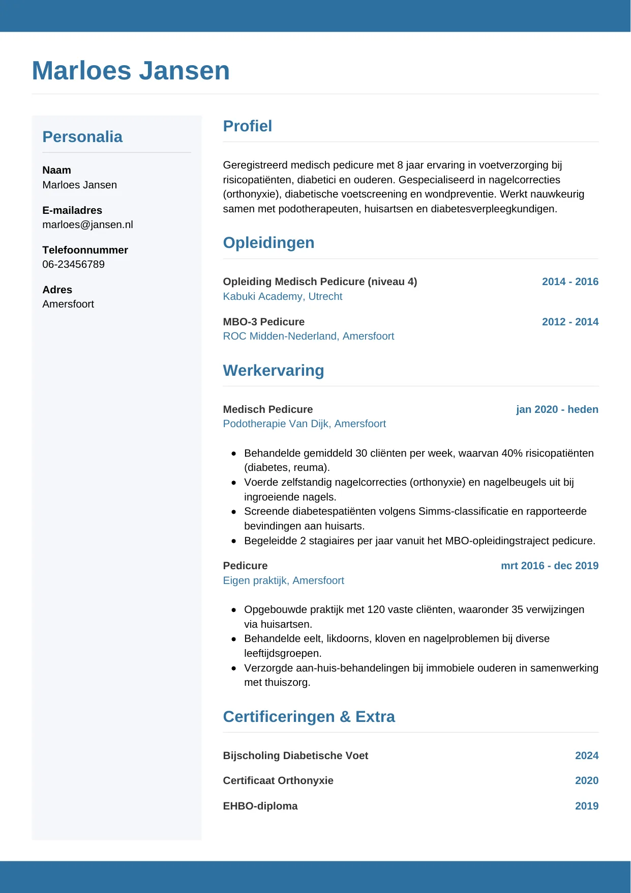 CV Horizontaal voor pedicure