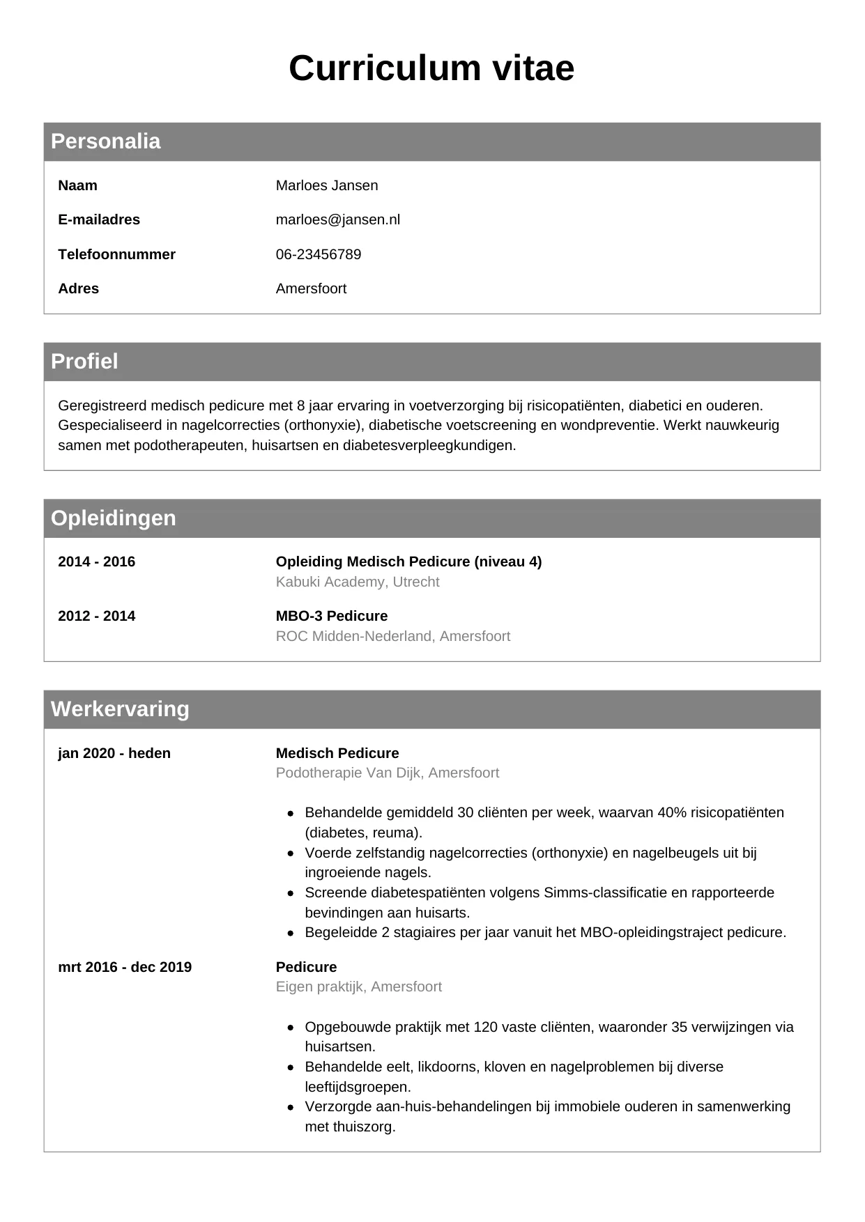 CV Klassiek voor pedicure